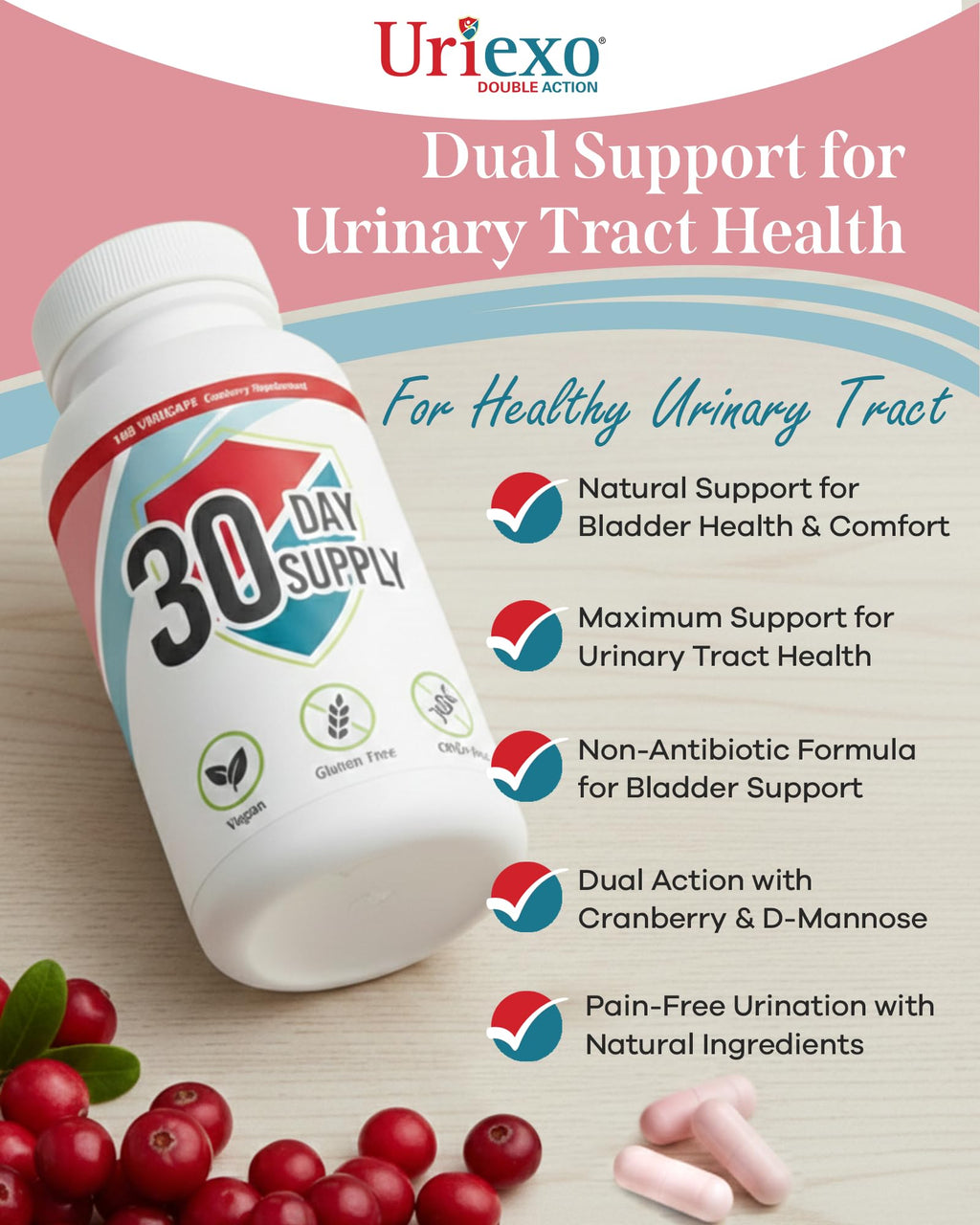 Uriexo Cranberry PACs & D-Mannose for Urinary Tract Health, 30-Day Supply