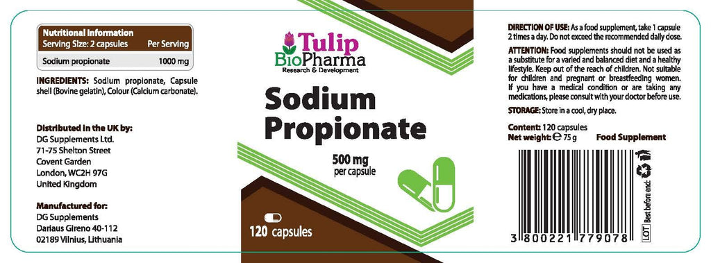 Tulip BioPharma Sodium Propionate 500mg | 120 Vegan Capsules | 2-Month Supply | Propionic Acid, Short-Chain Fatty Acid, No Fillers | 3rd Party Lab Tested