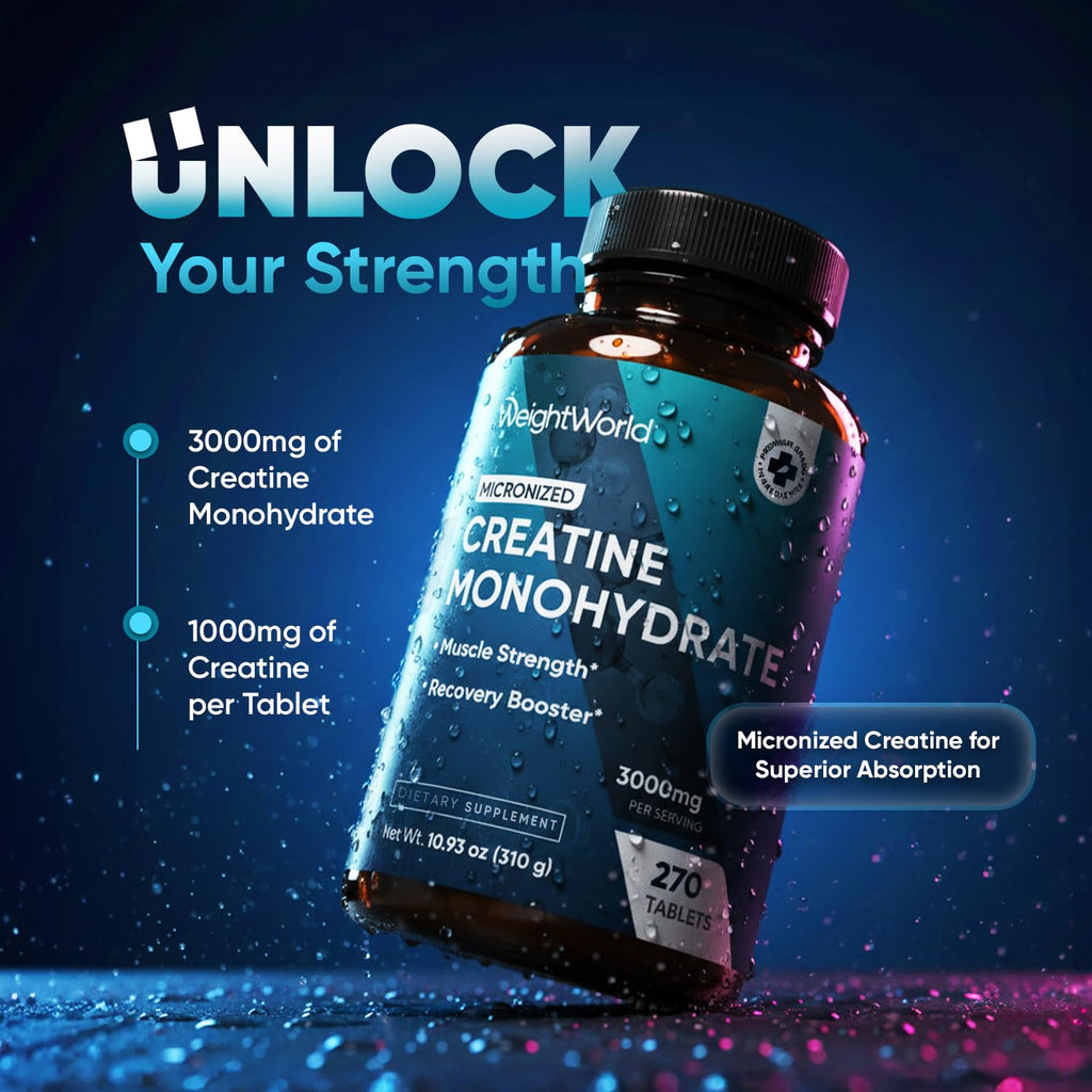 WeightWorld Micronized Creatine Monohydrate 3000mg Tablets - Muscle Growth, Strength, Energy & Recovery | Pre Workout Creatine for Women & Men | 1000mg per Tab | Vegan 270 Tablets (3 a Day), Non-GMO