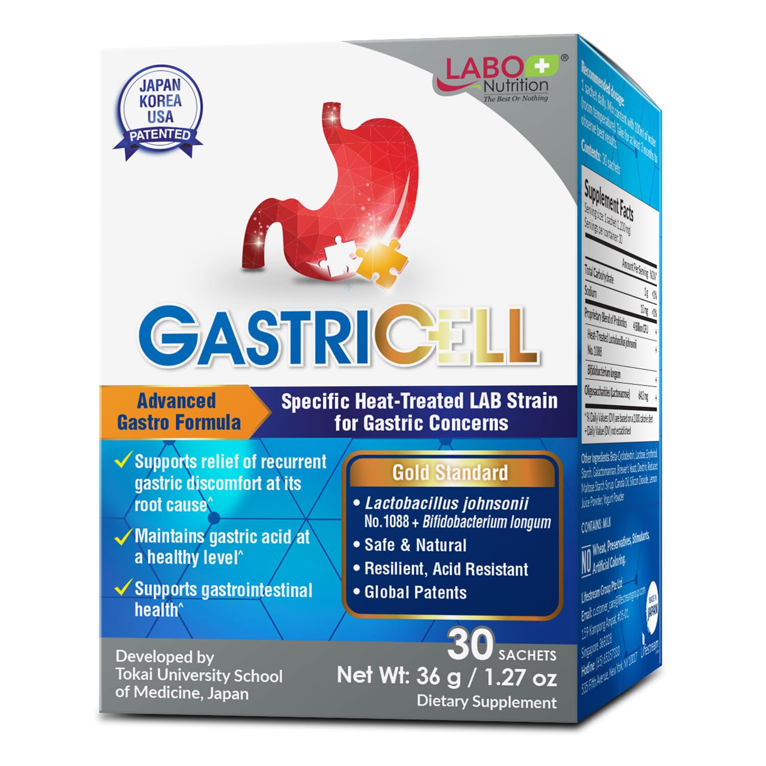 LABO Nutrition GASTRICELL Postbiotic Stomach Support — Patented Lactobacillus johnsonii No. 1088 with Bifidobacterium longum for Digestive Comfort, Gastric Wellness & Microbiome Support — 30 Sachets