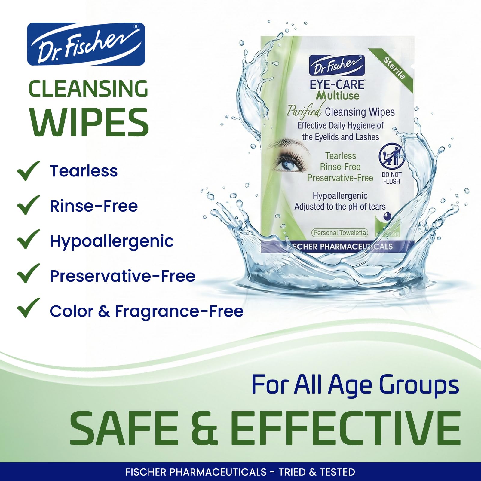 Dr. Fischer Eyelid Wipes - Hypoallergenic Preservative-Free Eye Cleansing Wipes for Sensitive Eyelids (Twin Pack).