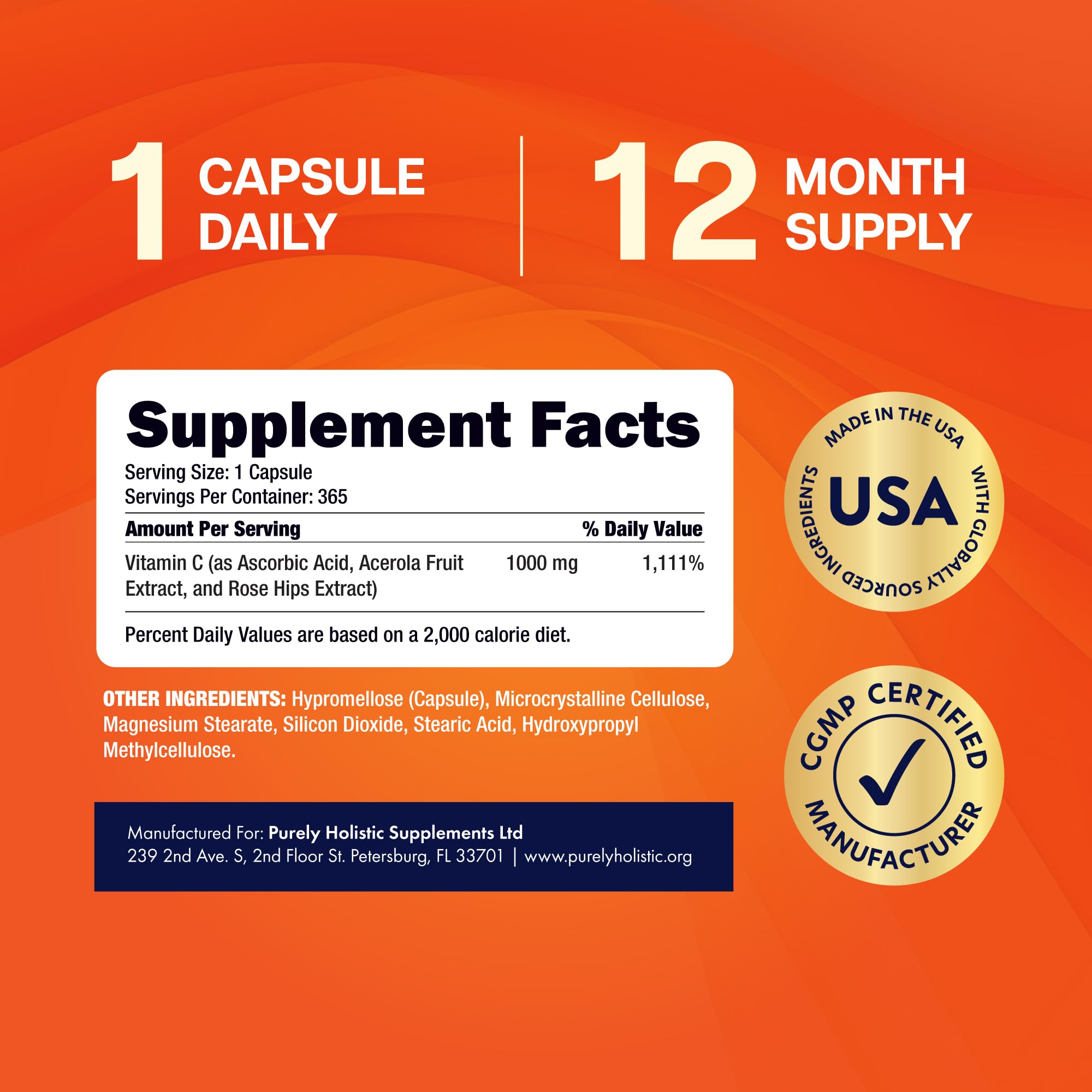 Vitamin C 1000mg | Immune Support | Timed-Release Capsules | 1 Year Supply | Vitamin C Supplement with Acerola Cherry & Rose Hips | Daily Antioxidant & Wellness Support | Vegan, Non-GMO | 365 Ct