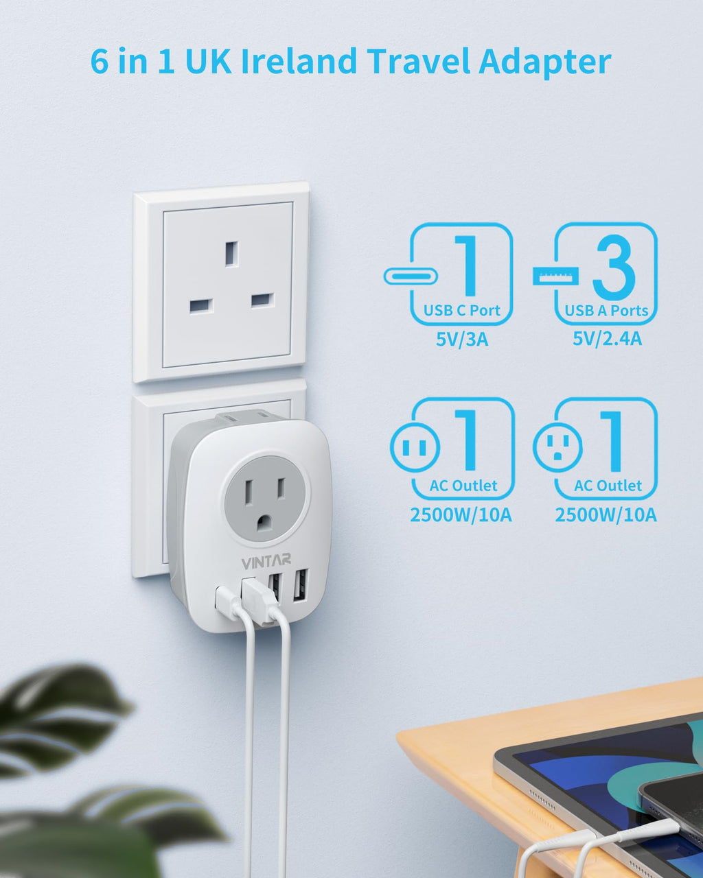 VINTAR US to UK Ireland Travel Plug Adapter, 2 Pack Type G Power Adapter