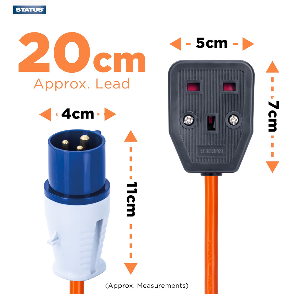Status 16A Site Plug to 1 Way UK Socket, 20cm Adaptor Cable Perfect for Camping Caravan, Motorhome, Campervan, IP44, Weatherproof, 16APTUK1SCK1PK10