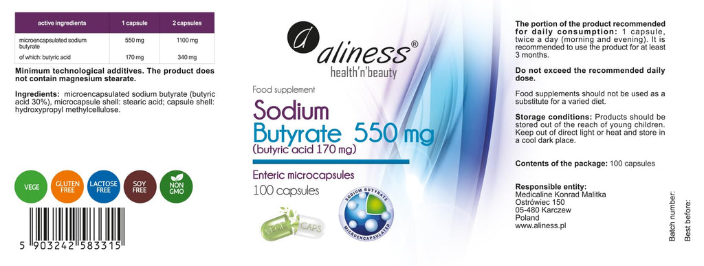 Aliness Sodium Butyrate 100 Capsules - Gut Health Supplements with Microcapsule Technology - IBS Relief Supplement for Men & Women - (Butyric Acid)