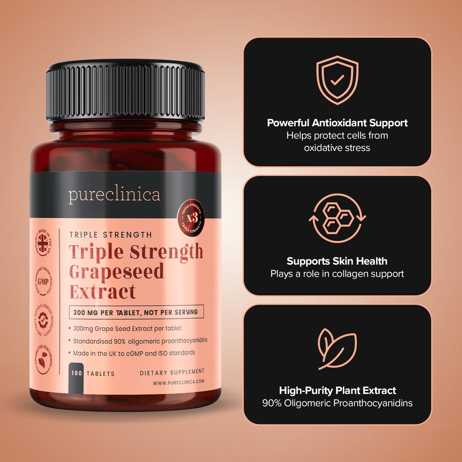 pureclinica Grape Seed Extract 300mg x 180 Tablets - 90% Oligomeric Proanthocyanidins. 300% Stronger Than Regular Grape Seed.