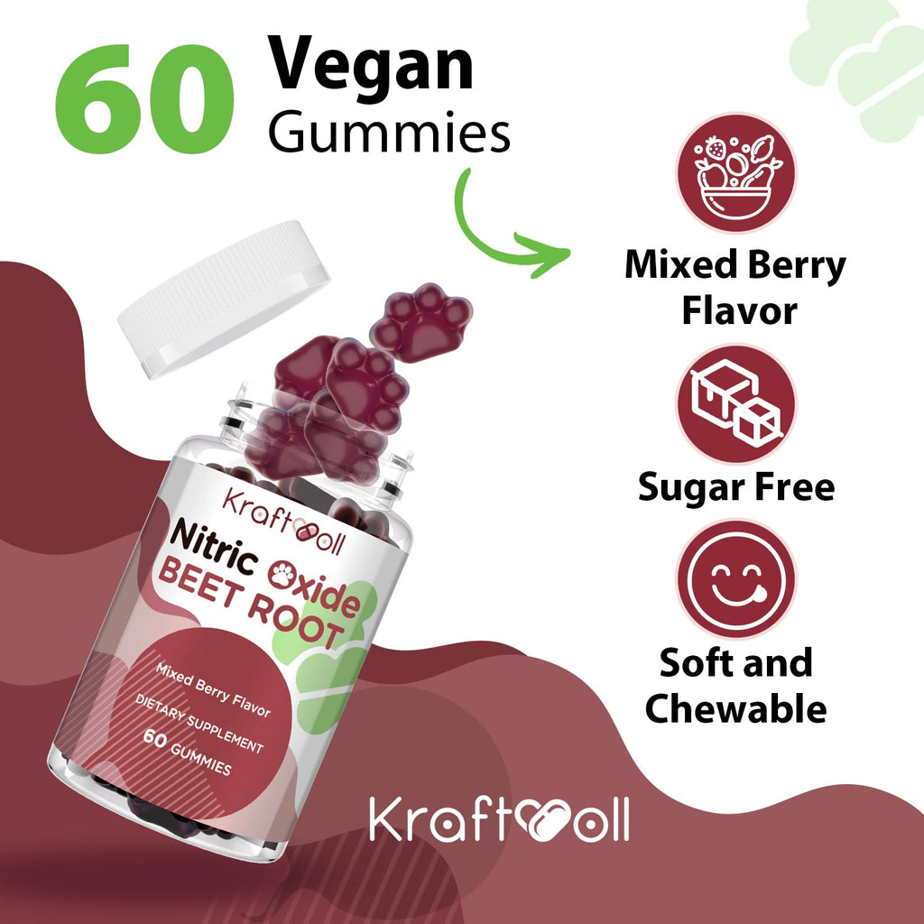 Kraftvoll Nitric Oxide Beet Root Gummies – Sugar-Free Beet Chewables, Mixed Berry Flavor with Grapeseed Powder, Pomegranate, Vitamin C & B12 – Nitric Oxide Supplements for Men – 60 Gummies (2 Bottles)