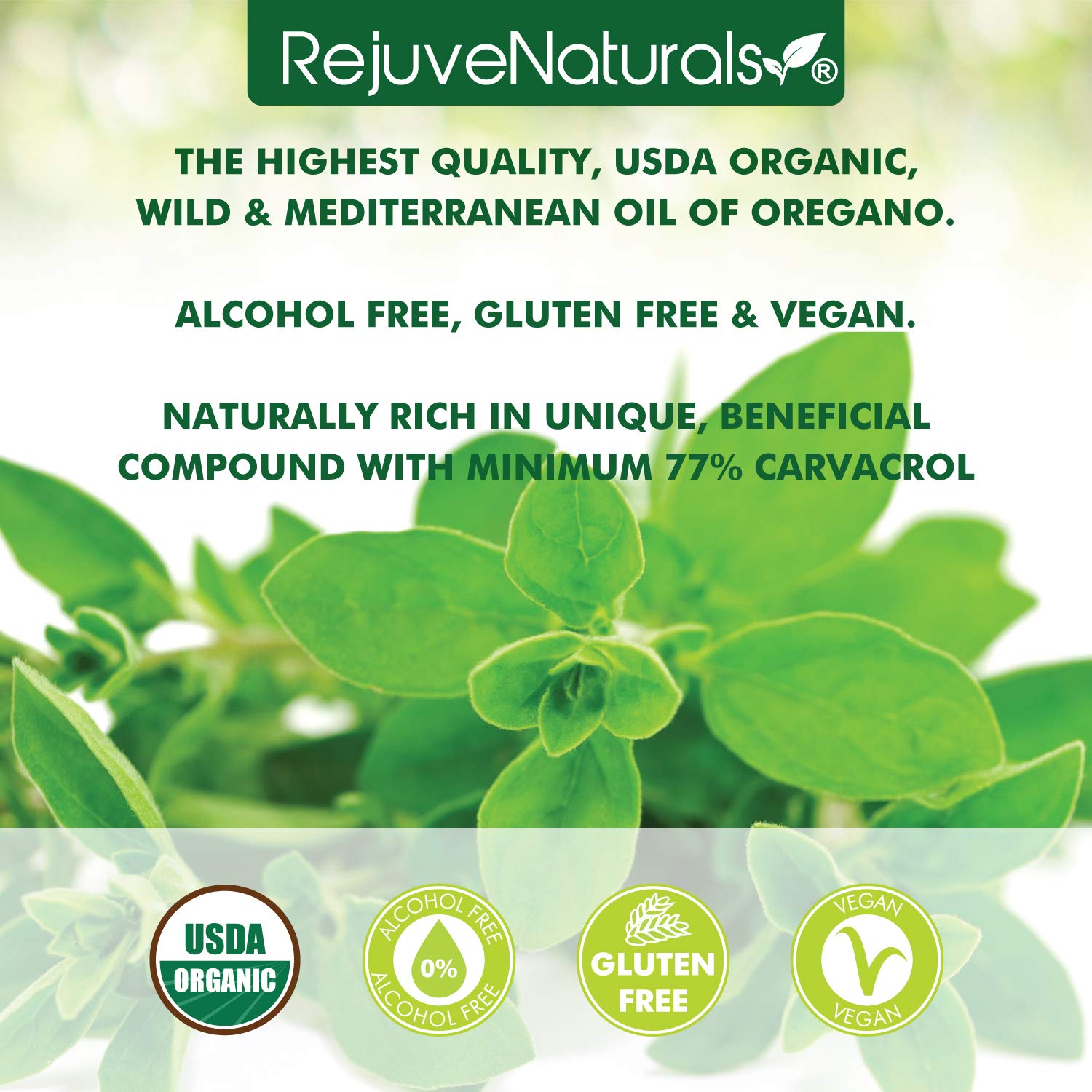 RejuveNaturals Extra Strength Oil of Oregano, USDA Organic, 1 fl oz (30ml Liquid) Wild, Mediterranean Oregano Oil. Concentrated Immune Support Drops. Gluten Free, Vegan & Non-GMO. Min 77% Carvacrol