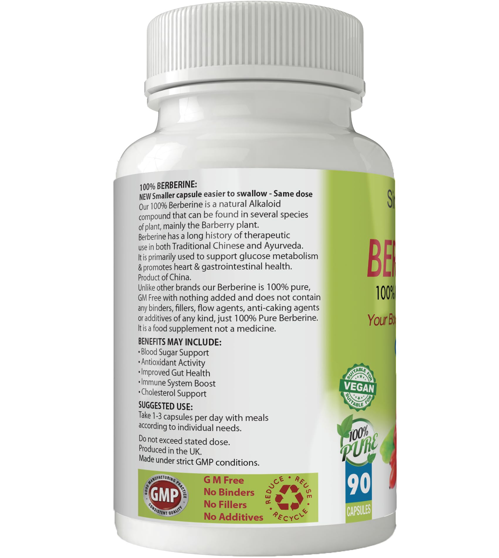 Simply Pure 100% Pure Berberine with NO Fillers or Binders | 90 Capsules