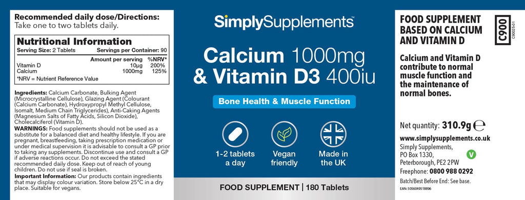 Calcium 1000mg & Vitamin D3 400iu | 180 Vegan Tablets | 3 Months' Supply