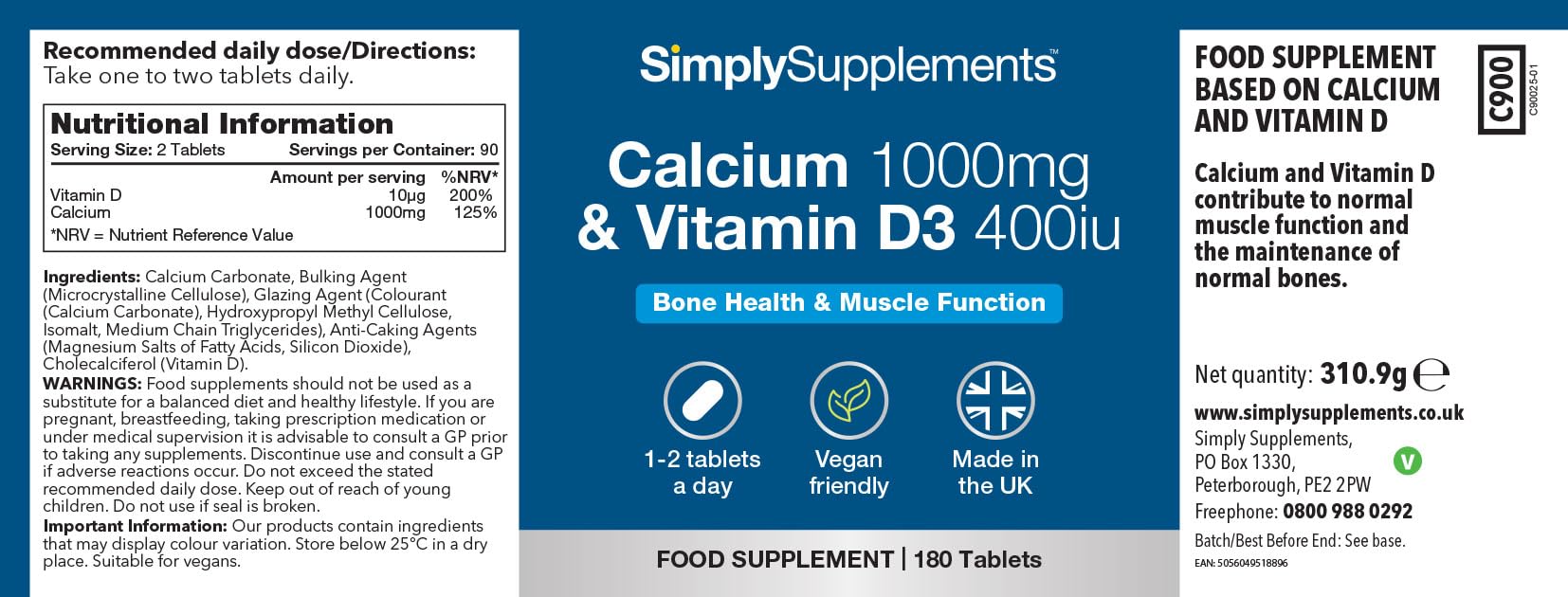 Calcium 1000mg & Vitamin D3 400iu | 180 Vegan Tablets | 3 Months' Supply