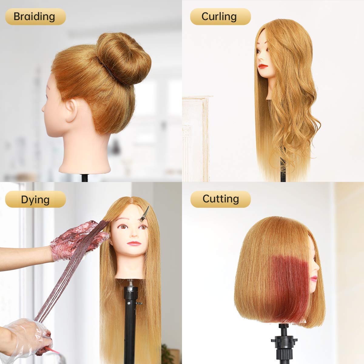 MEIBR Mannequin Head 100% Real Hair Styling Training 24-27inch Manikin Cosmetology Hairdressing Doll With Free Clamp Female+Braid Set (27#)