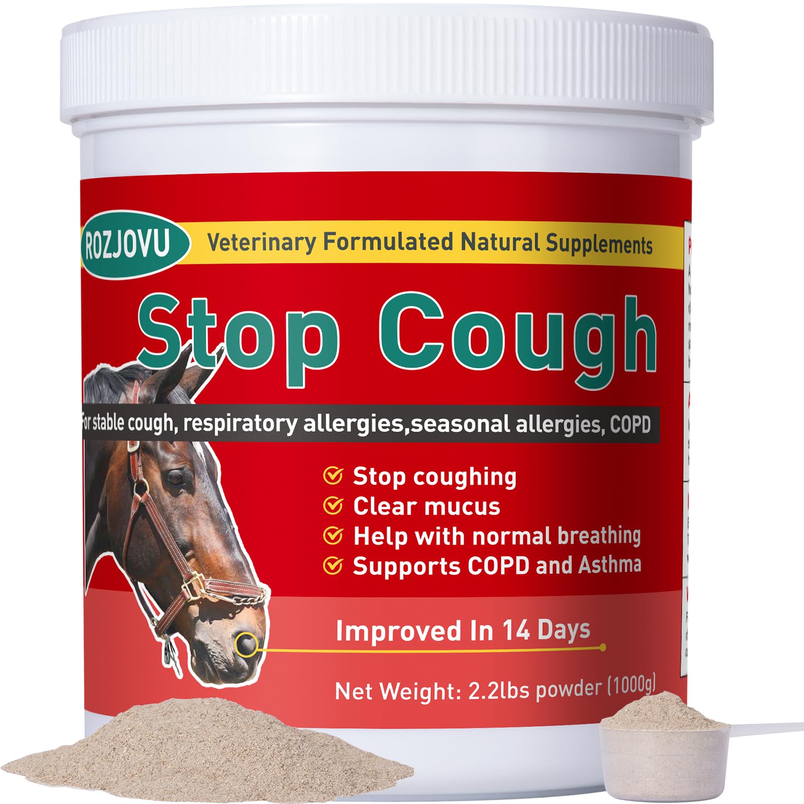 Stop Cough Horse Supplements Powder, Supports Horses with Stable Coughs, Respiratory Allergies, Free Seasonal Allergies, COPD, 2.2 lbs, 70 Day Supply