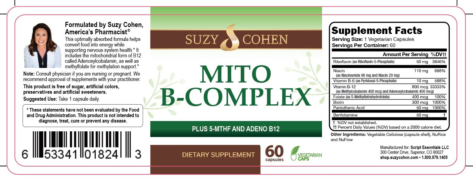 Script Essentials Suzy Cohen, Mito B Complex Dietary Supplement, 5-MTHF, Adeno B12, Methylation Support, Supports Healthy Nervous System, Boost Energy, Vitamin B, 60 Servings