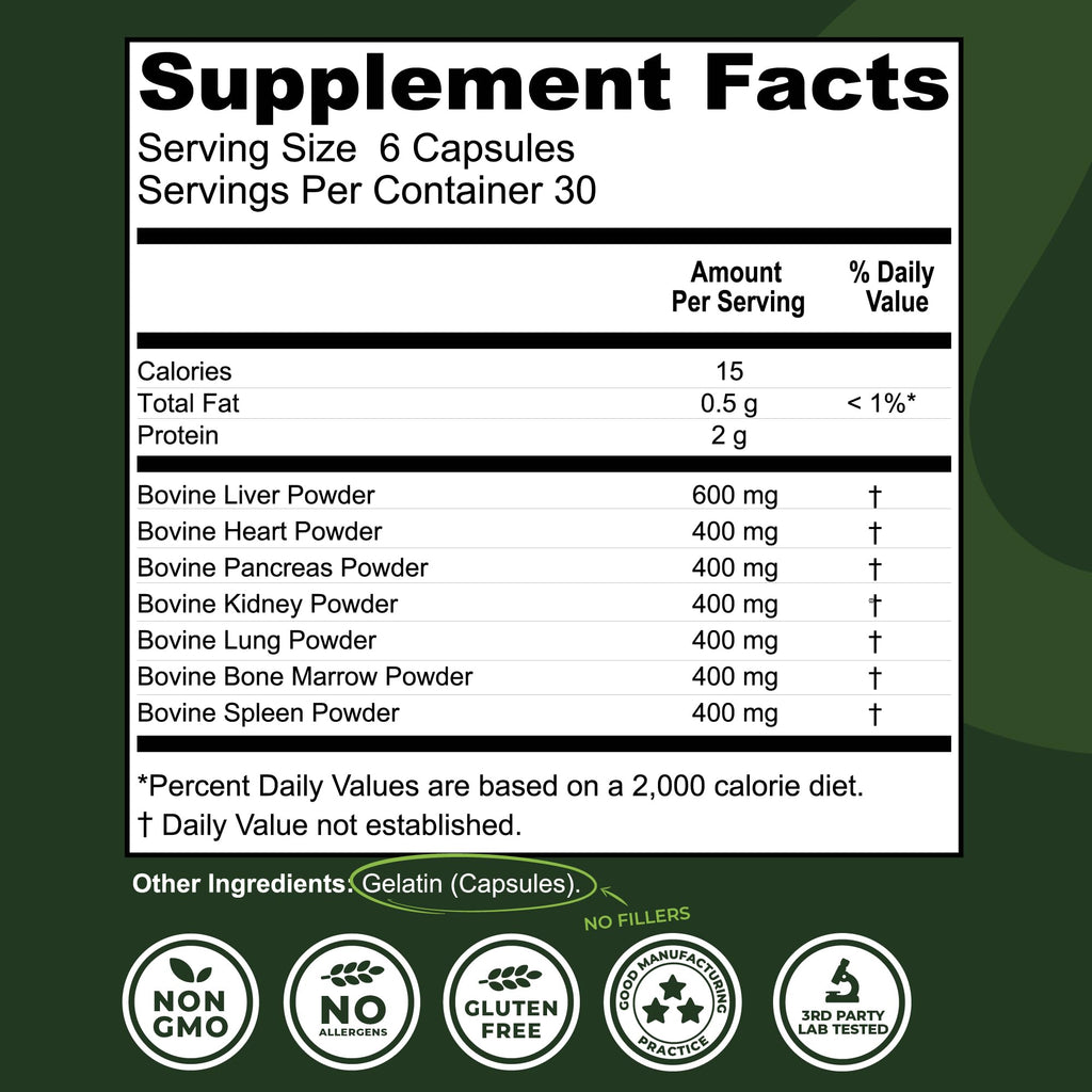 Beef Organ Supplement Grass Fed - 7 Beef Organs Complex from New Zealand - Liver Heart Pancreas Kidney Lung Spleen Bone Marrow - Non-GMO, No Fillers, Hormone & Antibiotic Free - Carnivore Diet - 180ct