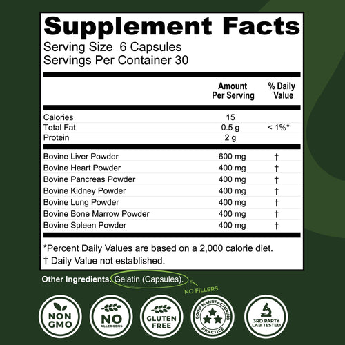 Beef Organ Supplement Grass Fed - 7 Beef Organs Complex from New Zealand - Liver Heart Pancreas Kidney Lung Spleen Bone Marrow - Non-GMO, No Fillers, Hormone & Antibiotic Free - Carnivore Diet - 180ct