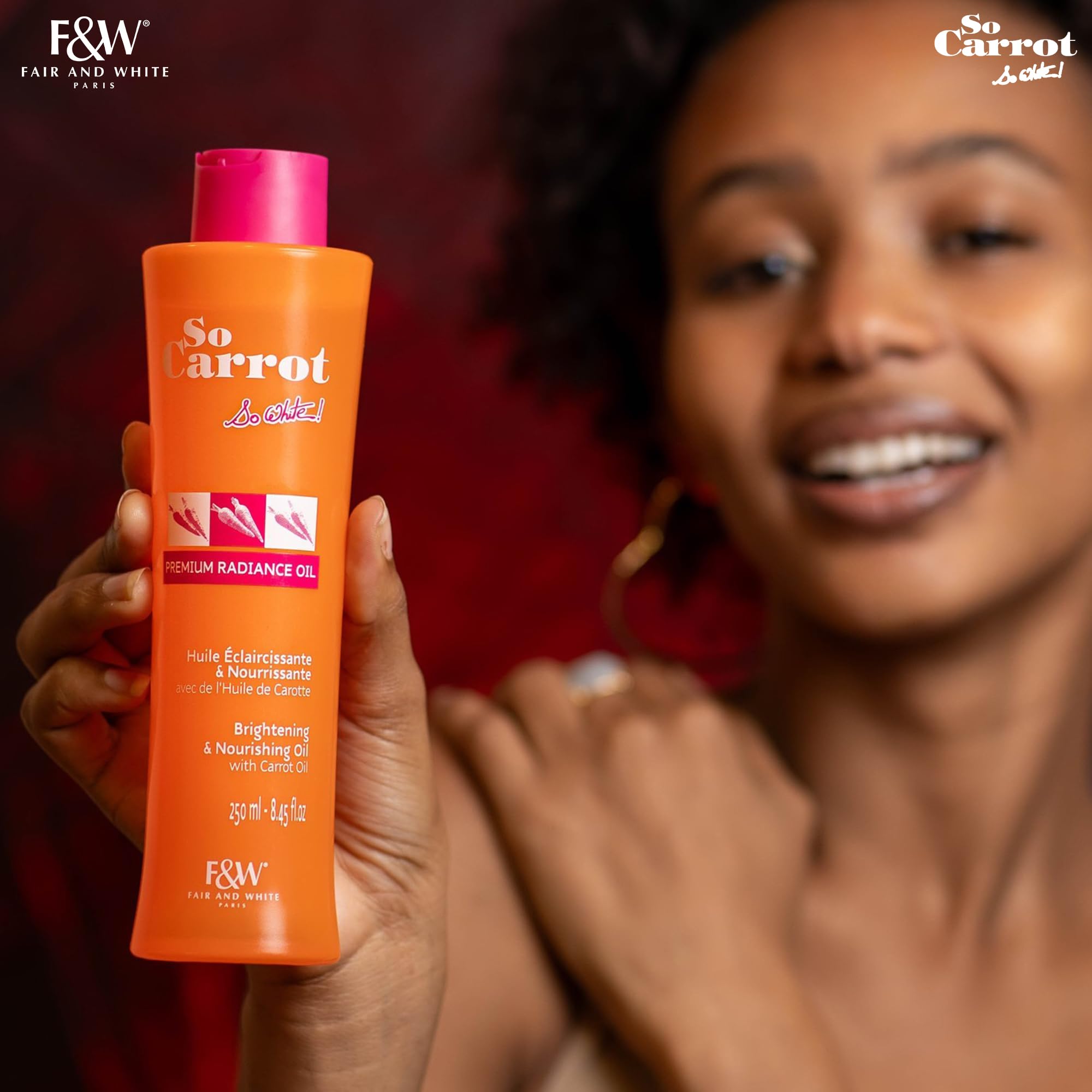 Fair & White So Carrot, Brightening Oil - 8.4 fl oz / 250ml - Natural Moisturizing & Nourishing - Hydrates and Brightens Skin Tone - With Glycerin, Sweet Almond & Carrot Oil
