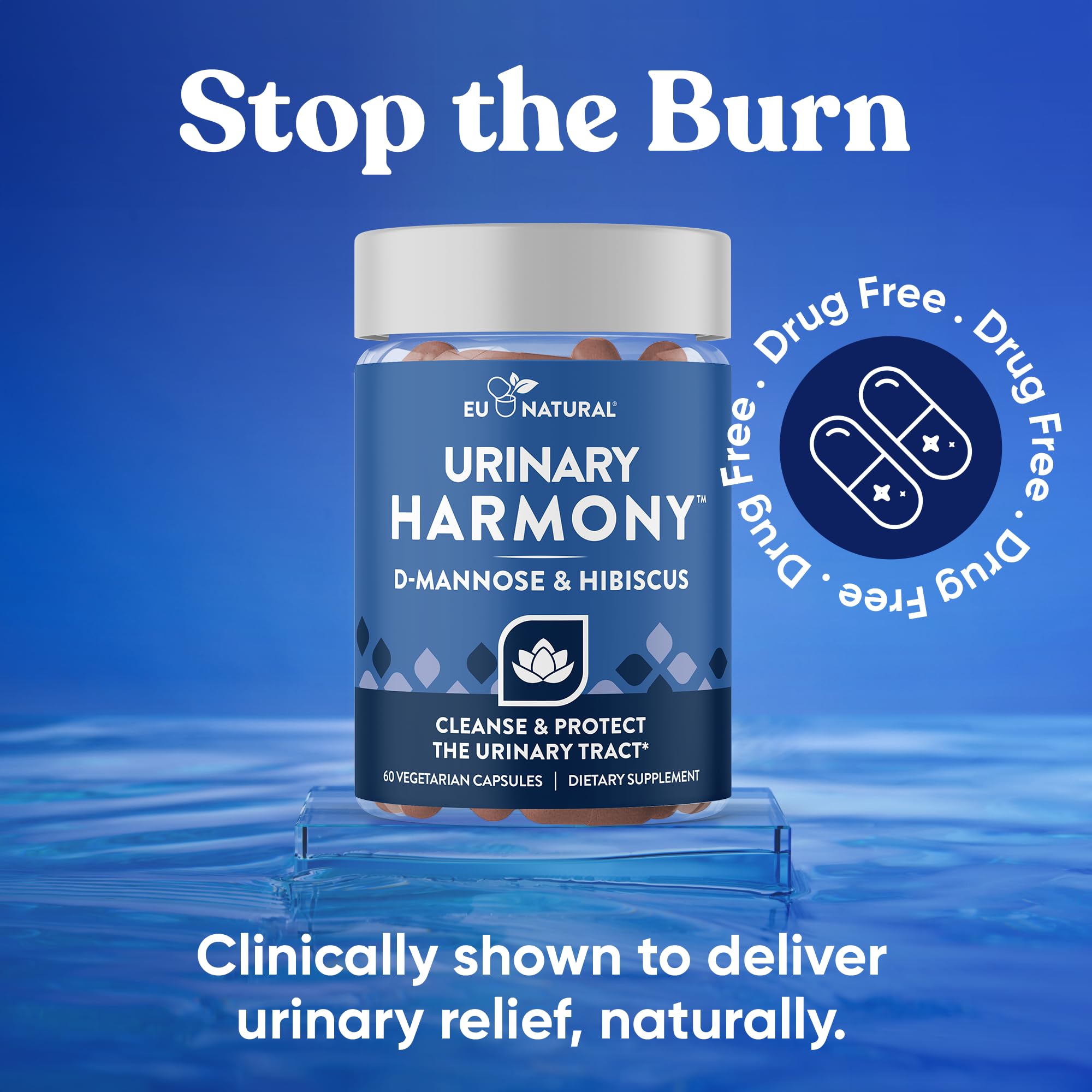 Eu Natural Urinary Harmony D-Mannose Supplement - Urinary Tract Health for Women - Fast-Acting Urinary Cleanse & Flush with Clinical-Strength D-Mannose & Hibiscus - 60 Capsules