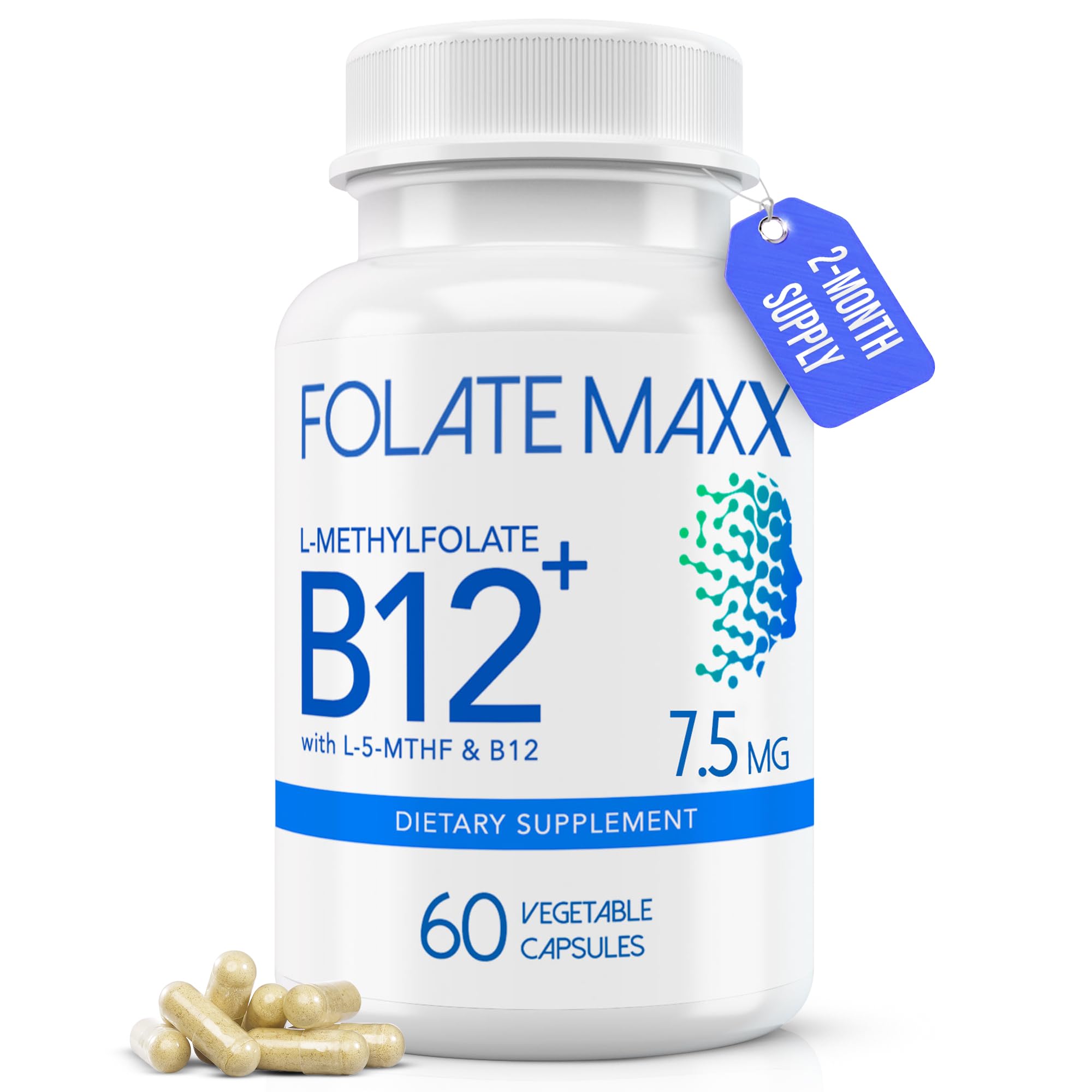 FOLATE MAXX L Methylfolate 7.5mg Plus B12 Methyl - 60 Capsules - 5-MTHF with B12 Methylcobalamin Supplement for Mood, Methylation and Cognition - Bioactive Forms of Vitamin B9 & B12-2 Month Supply