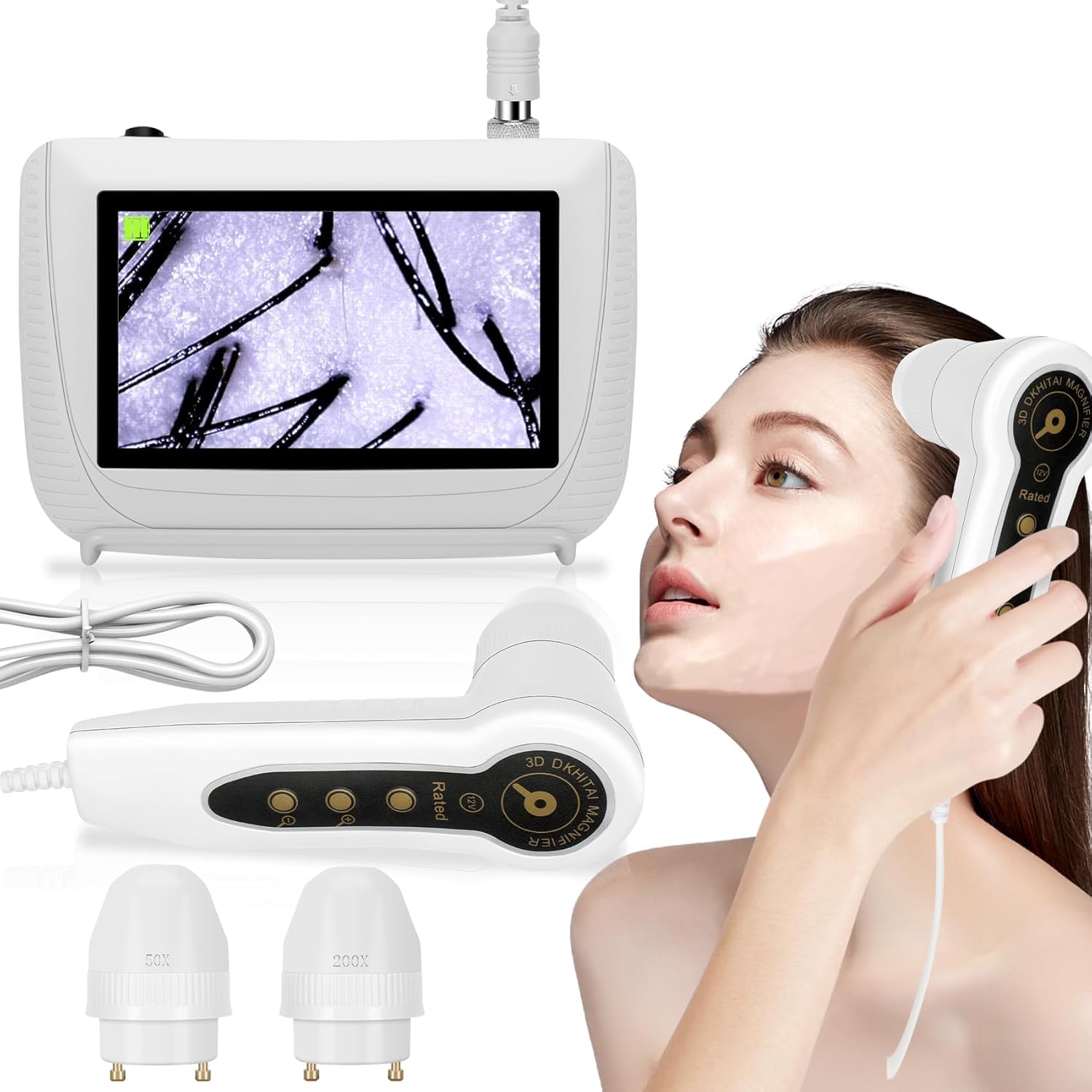 Scalp Analysis Machine, Skin Hair Analyze, 5 Inch LCD Screen Rechargeable Digital Scanner for Skin & Hair Analysis, 50x/200x DualHeads, Digital Scalp Health Detection Use for Home and Salon