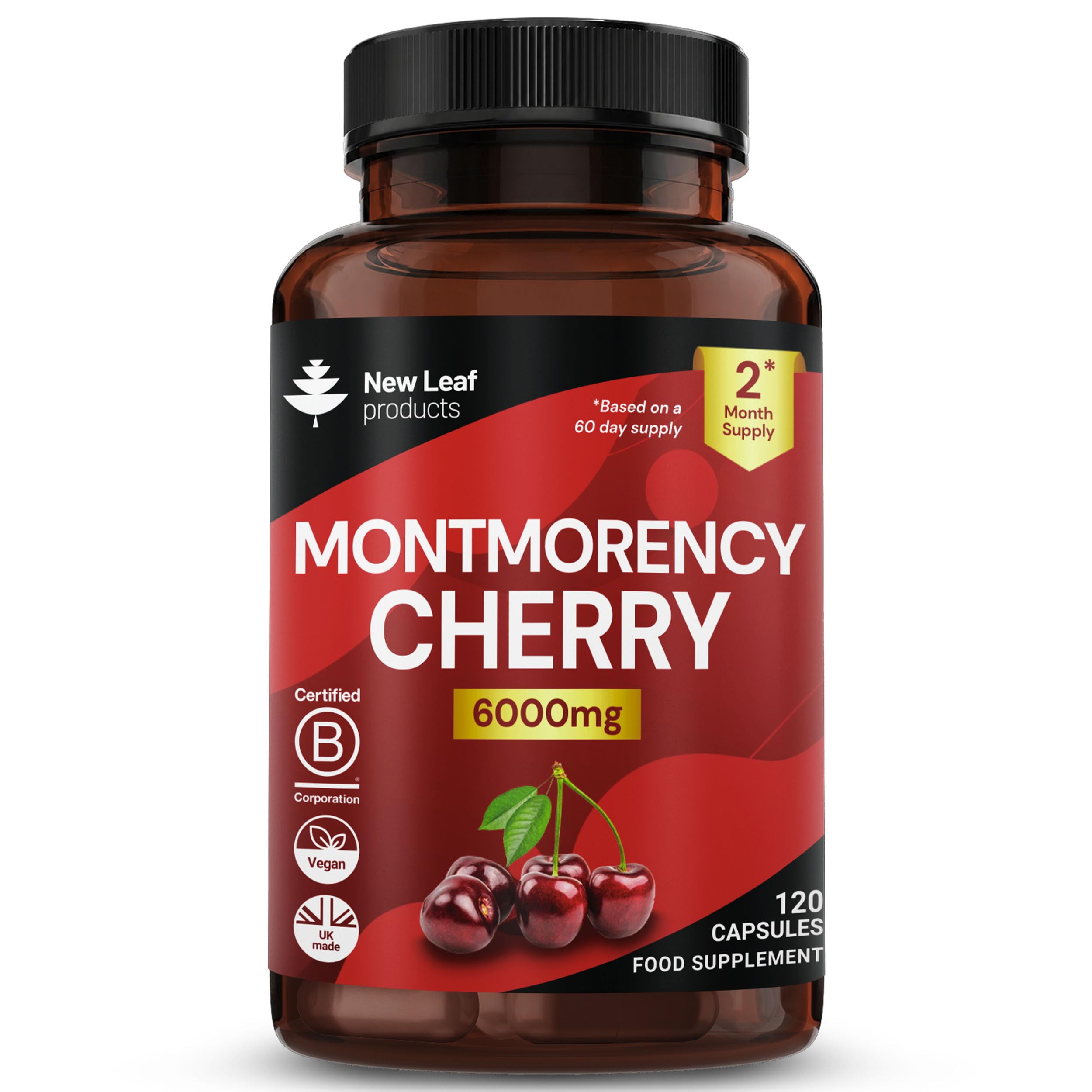 Montmorency Cherry 6000mg - 120 Capsules High Strength Concentrate - Natural Tart Cherry Vegan Supplements (not Tablets or Powder) - Non-GMO, 2 Months Supply - (2 per Serving) Made in the UK