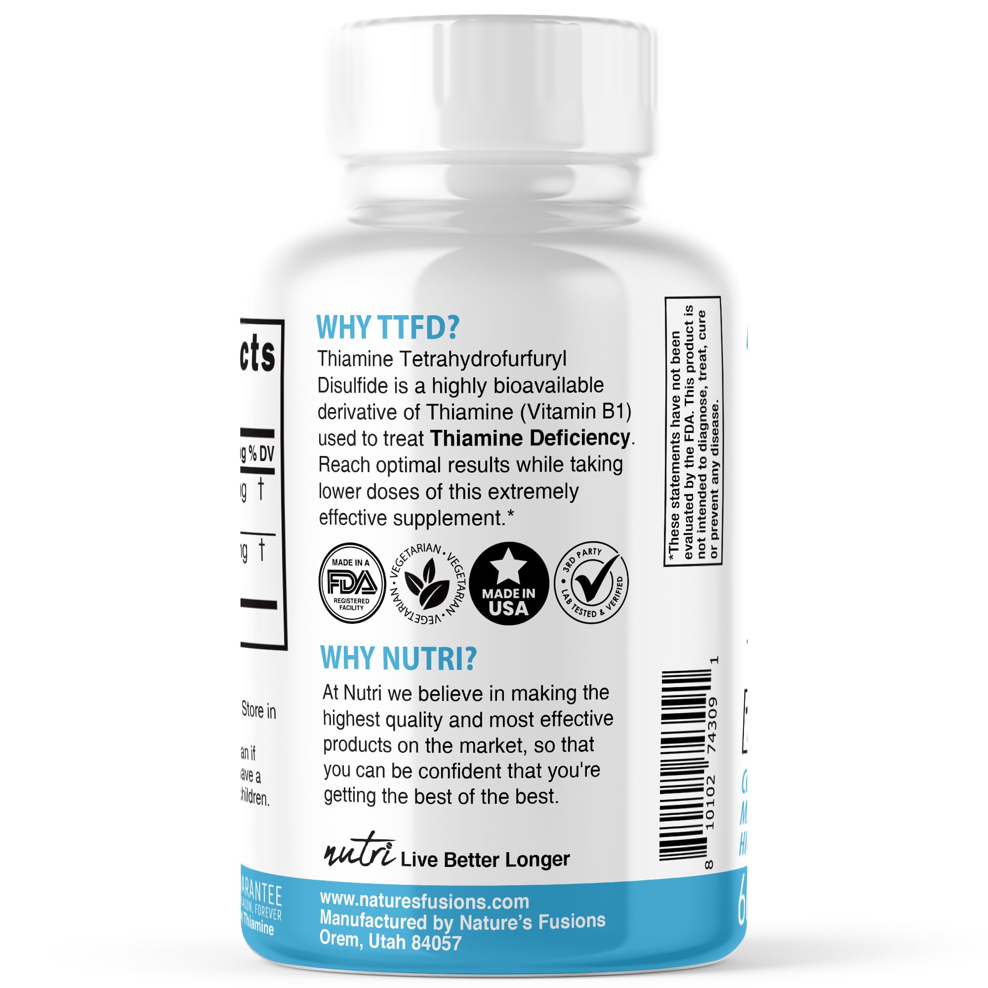 Nature's Fusions TTFD Thiamine B1 Supplement - 100mg 60 Servings - with 8mg Magnesium - No Toxic Fillers - TTFD Thiamine Tetrahydrofurfuryl Disulfide - Third Party Lab Tested - Nutri Supplements