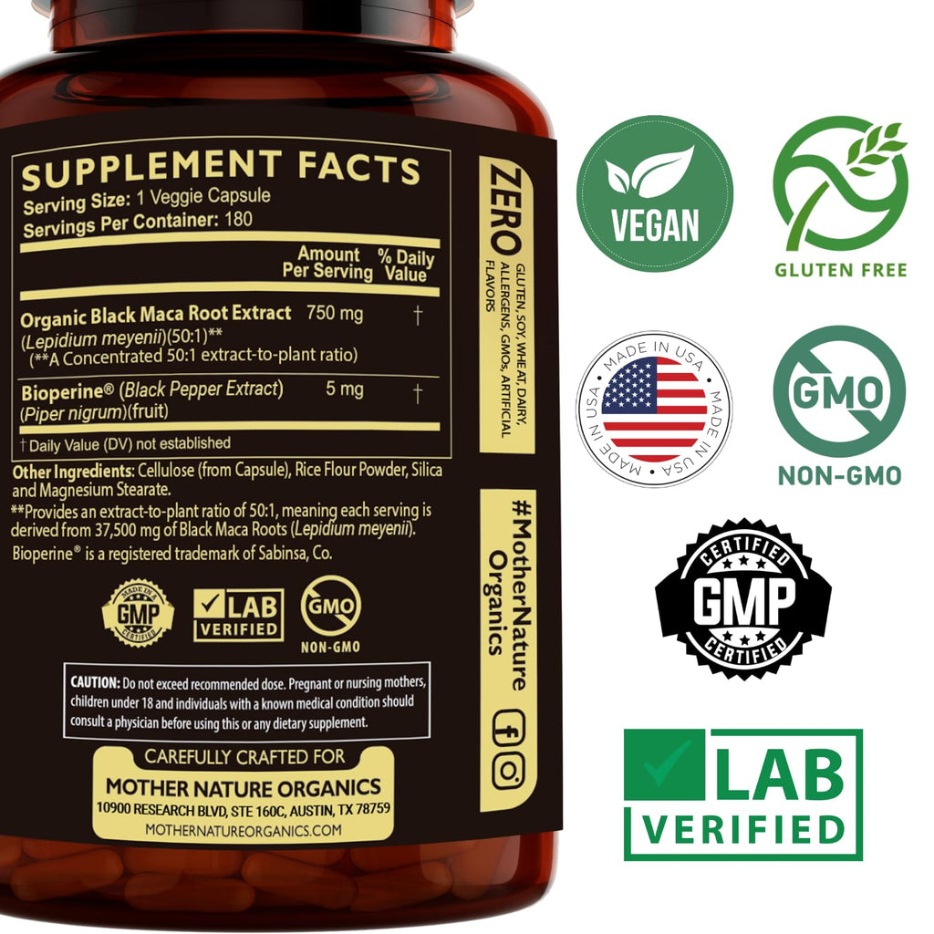 MNO Organic Raw Black Maca 750mg + BioPerine, Energy & Performance, 180ct