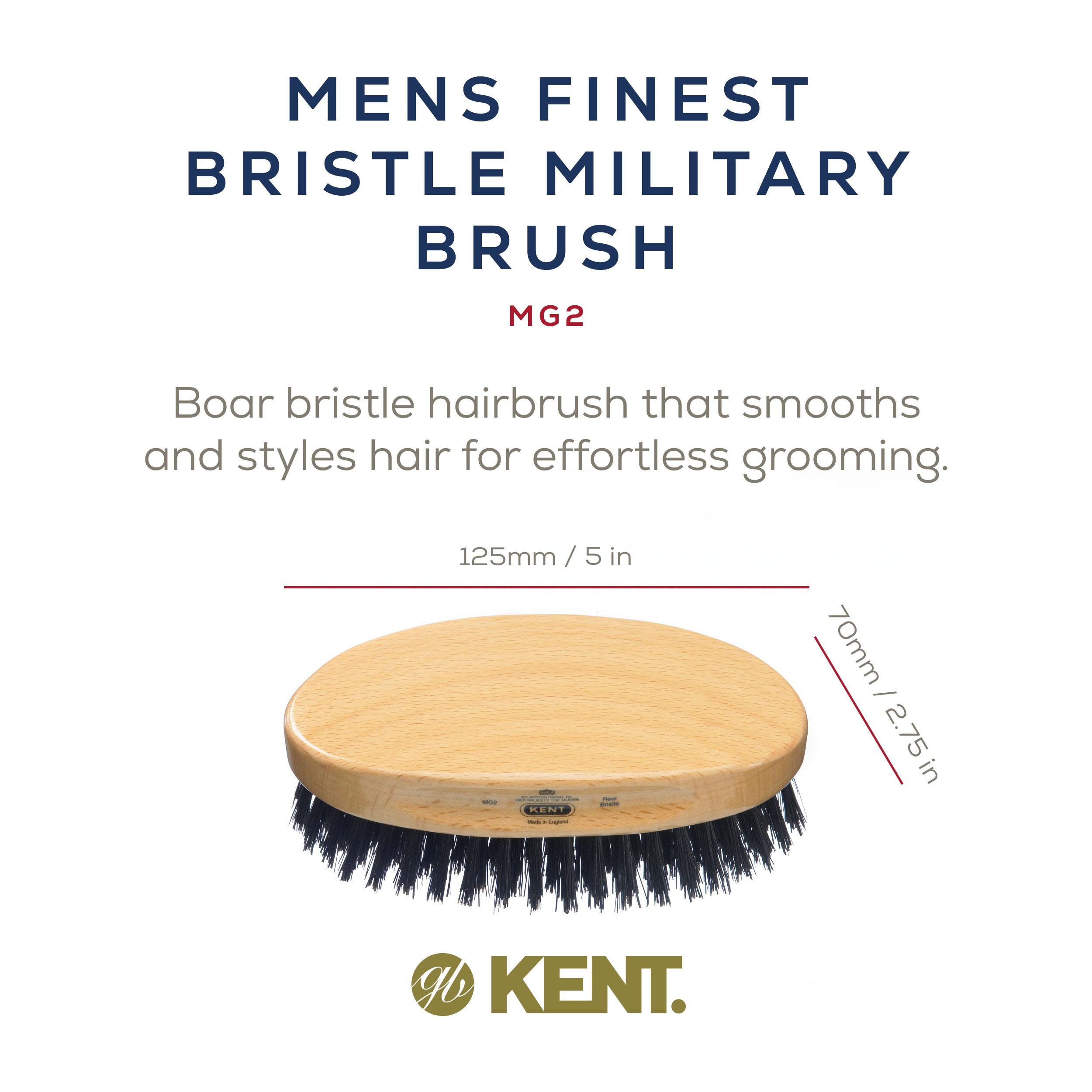 Kent MG2 Boar Bristle Hair Brush for Men, Military Brush with Natural Boar Bristles for Mens Grooming for All Hair Types, 360 Wave Brush Travel side for beard and mustache