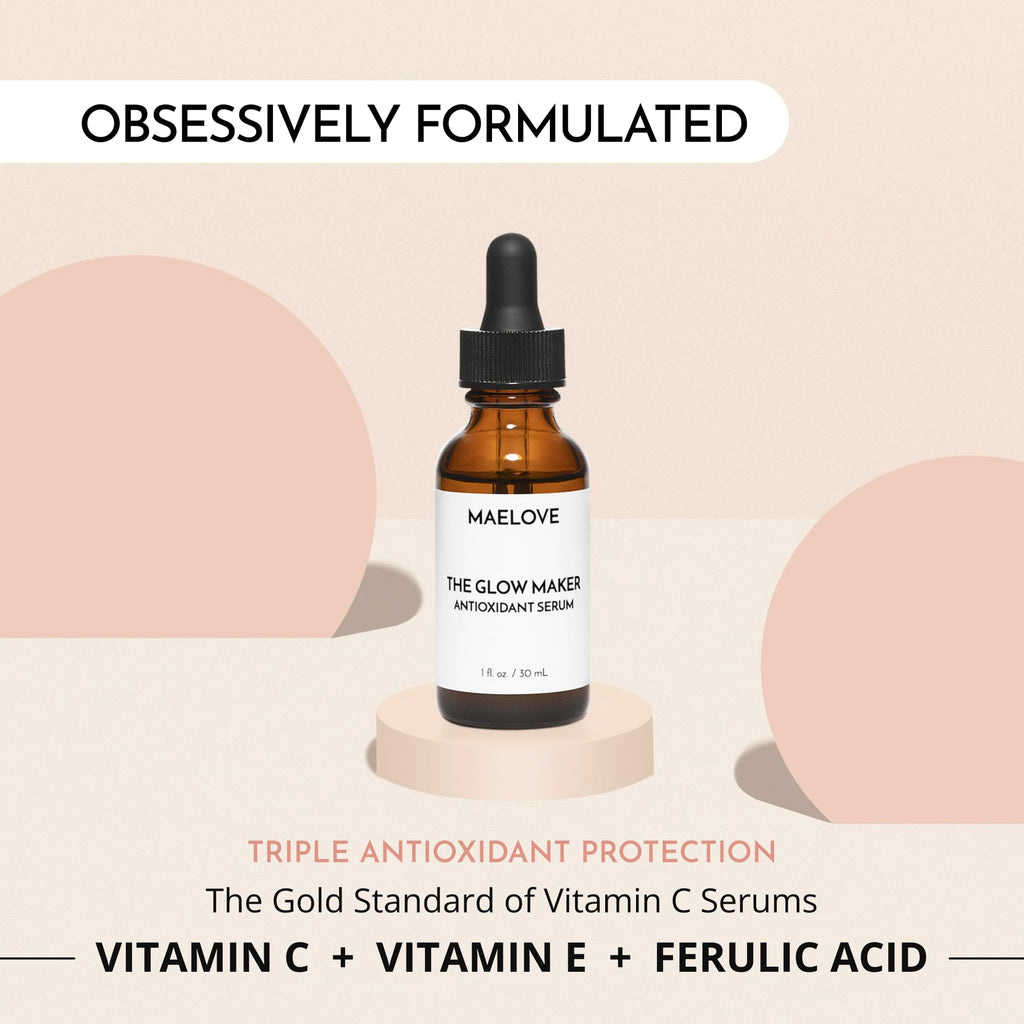 MAELOVE Glow Maker Vitamin C Serum with Vitamin E, Ferulic Acid & Hyaluronic Acid, Award-Winning Brightening and Hydrating Facial Serum, Unscented, 1.0 fl oz