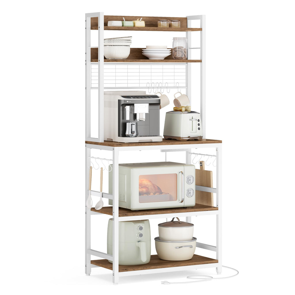 Hutch Bakers Rack with Power Outlet, 14 Hooks Microwave Stand, Adjustable Coffee Bar with Metal Wire Panel, Kitchen Storage Shelf, 15.7 x 23.6 x 66.9 Inches, Rustic Walnut and White UKKS037W41