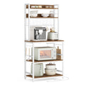 Hutch Bakers Rack with Power Outlet, 14 Hooks Microwave Stand, Adjustable Coffee Bar with Metal Wire Panel, Kitchen Storage Shelf, 15.7 x 23.6 x 66.9 Inches, Rustic Walnut and White UKKS037W41