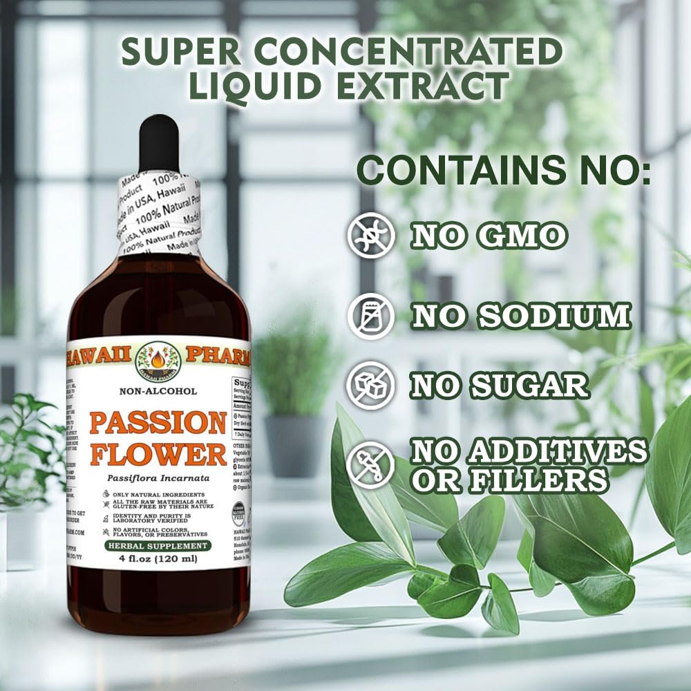 Hawaii Pharm Passion Flower Alcohol-Free Extract, Glycerite for Calm and Sleep Support, Soothes Digestive Discomfort, Promotes Relaxation, Encourages Emotional Balance - 4 fl.oz