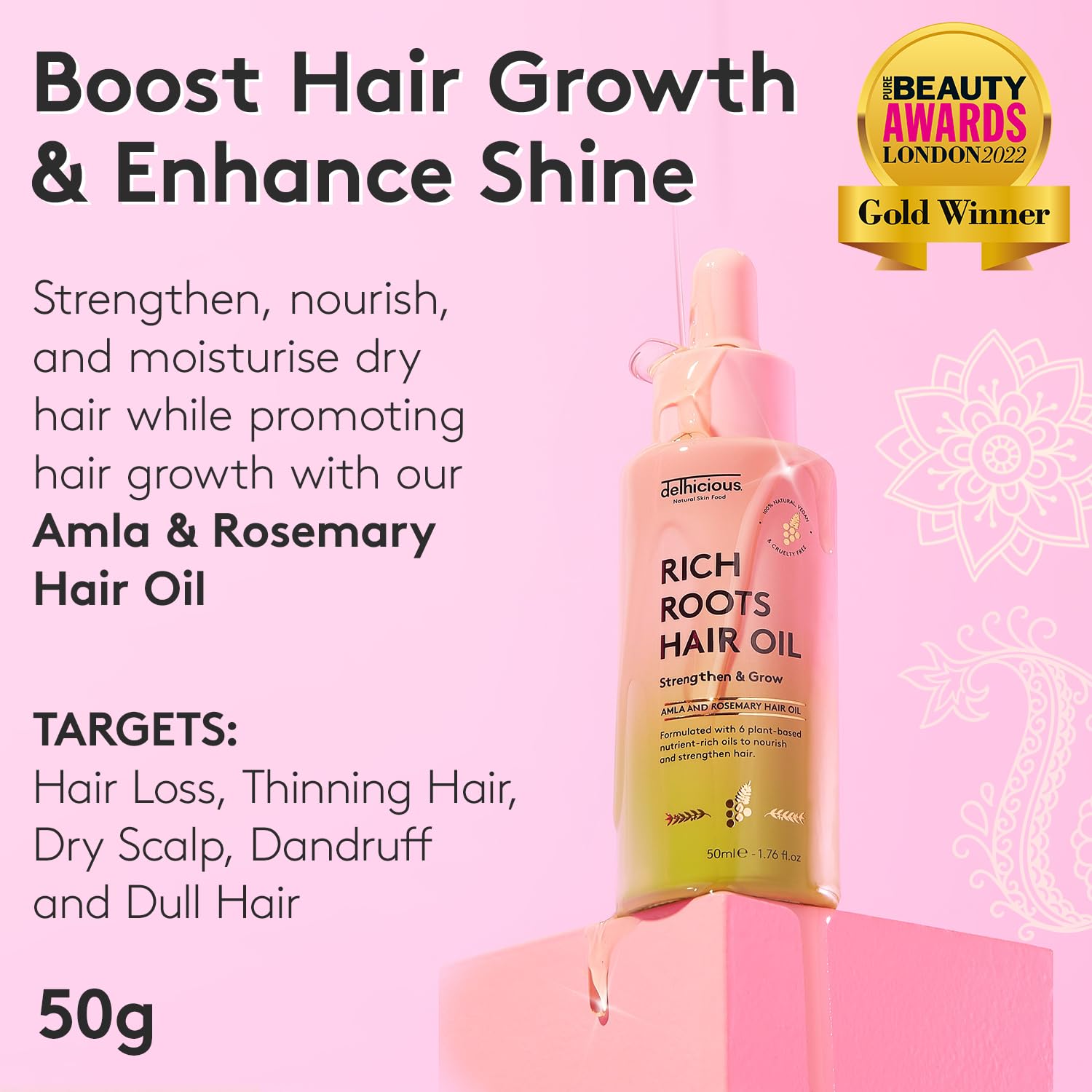 Delhicious Amla Hair Oil & Rosemary Oil for Hair Growth - Rich Roots Hair Loss Treatment for Thinning Hair - Dry Scalp Treatment with Argan Oil - Ayurveda Scalp Oil - Vegan, Sulfate Free - 50ml