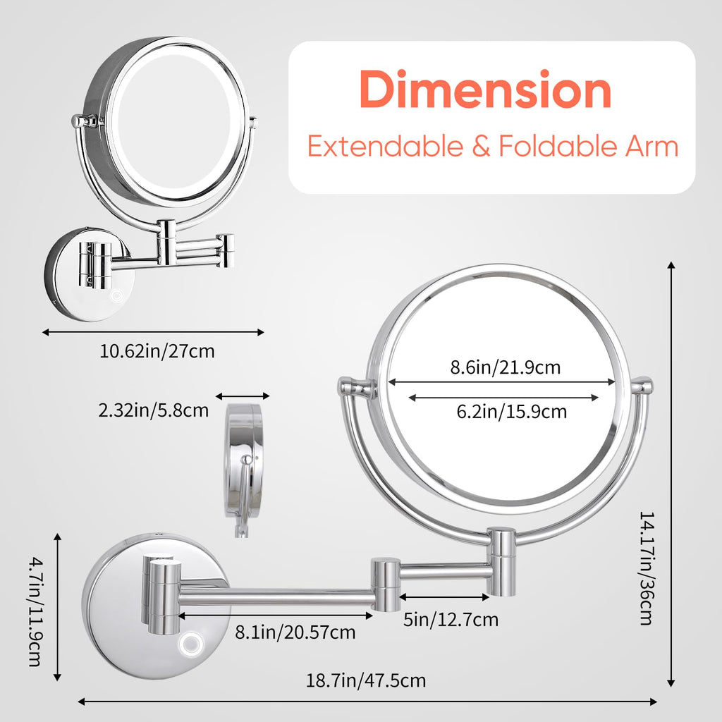 GURUN Wall Mounted Hardwired Makeup Mirror with 3 Tones Dimmable LED Lights 10x Magnifying Mirror with Touch Control for Bathroom Bedroom 13" Extendable Arm Direct Wire (10x, Chrome)