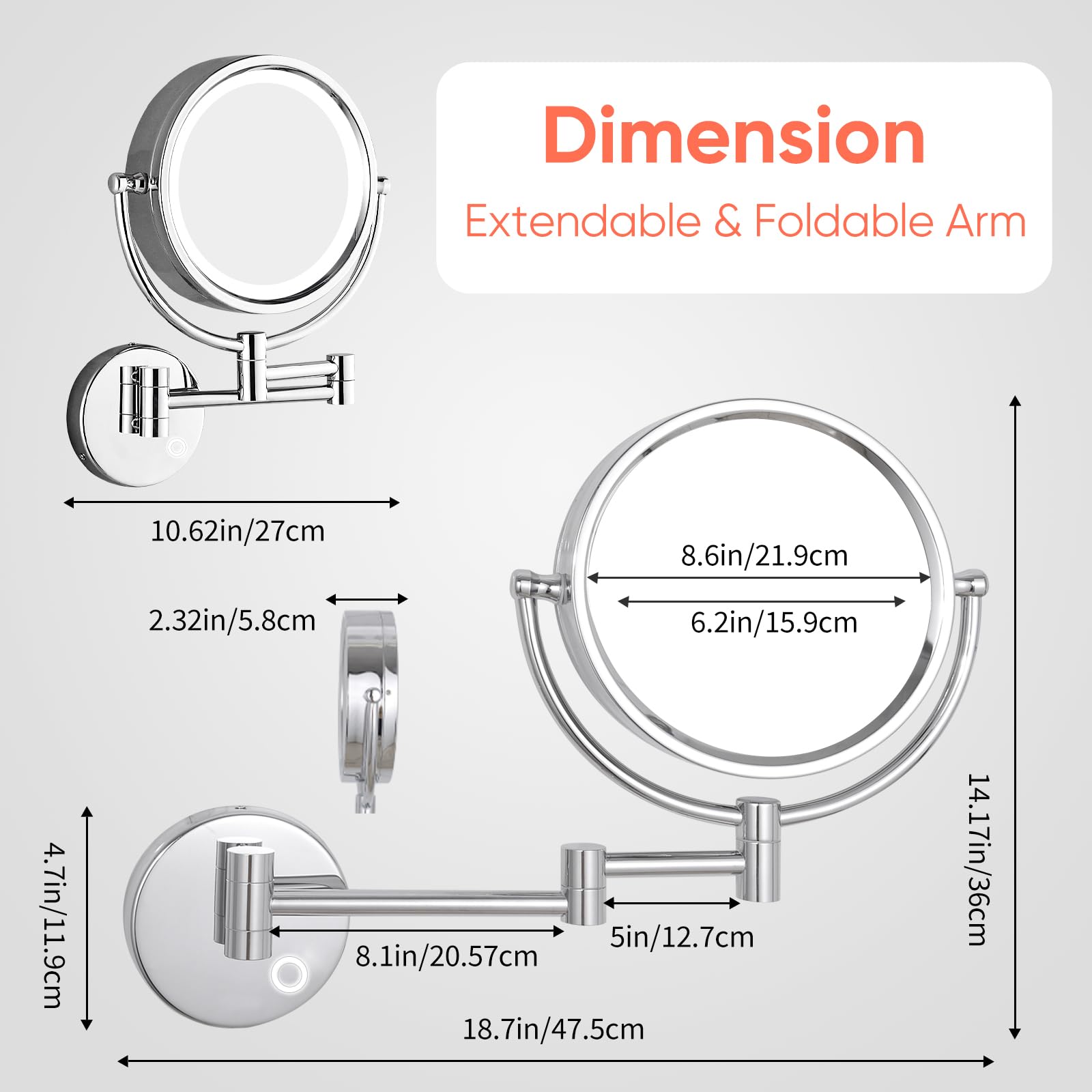 GURUN Wall Mounted Hardwired Makeup Mirror with 3 Tones Dimmable LED Lights 10x Magnifying Mirror with Touch Control for Bathroom Bedroom 13" Extendable Arm Direct Wire (10x, Chrome)