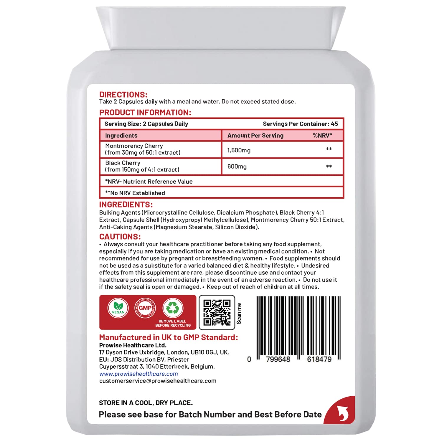Cherry Max+ 2100mg Montmorency Cherry Added with Black Cherry I 90 Vegan Capsules High Strength I Made in The UK by Prowise Healthcare