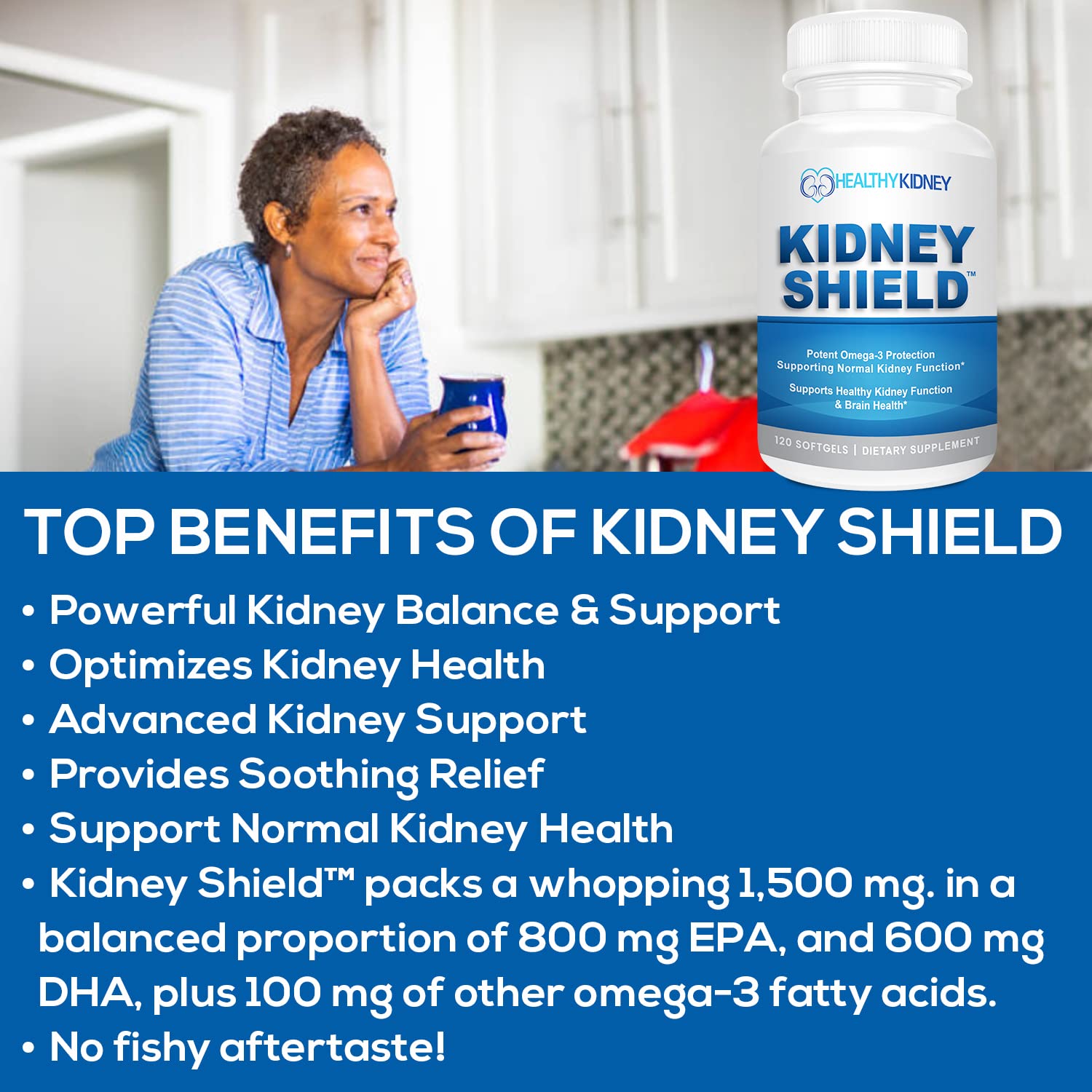Kidney Shield Omega 3 Fish Oil Supplements - DHA EPA Omega 3 Supplement for Women & Men Kidney Health - Omega3 to Support Normal Kidneys Function & Cleanse, Detox & Repair - 120 Lemon Softgels