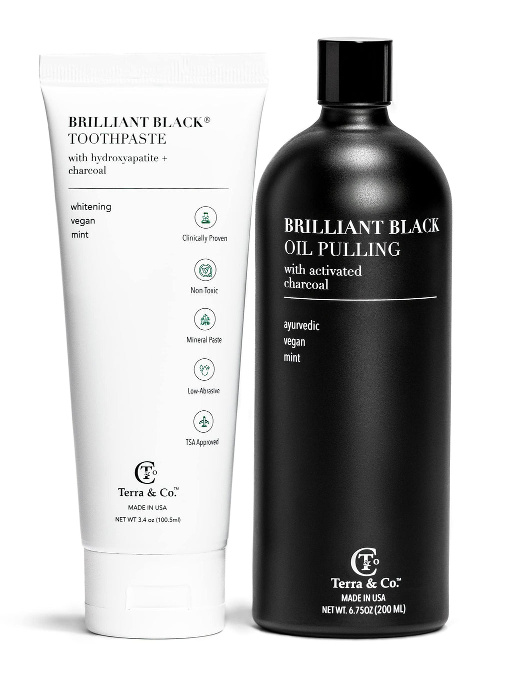 Terra & Co. Brilliant Black Teeth Whitening Kit for Healthy Teeth and Gums | Oil Pulling, Bamboo Charcoal Dental Floss, and Charcoal Tooth Paste | Vegan and Cruelty-Free