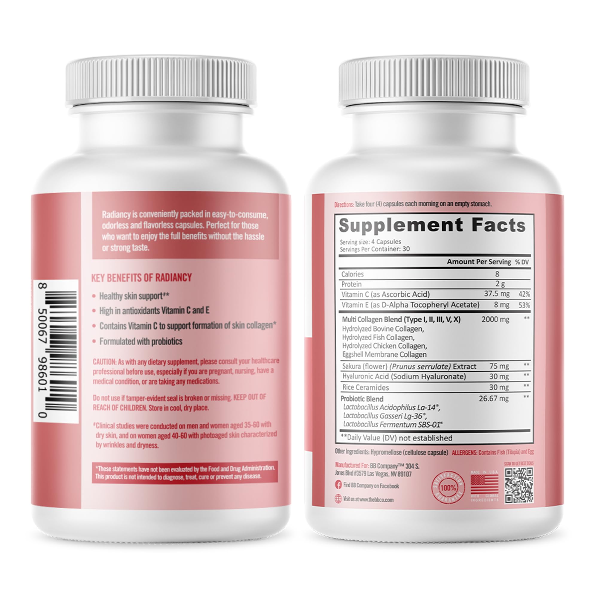 BB Company Radiancy | Vaginal Probiotics for Vaginal Dryness, pH Balance | Fights Itch, Odor | Anti-Aging | Hyaluronic Acid, Probiotics, Vitamin C, Multi Collagen | 120 Ct