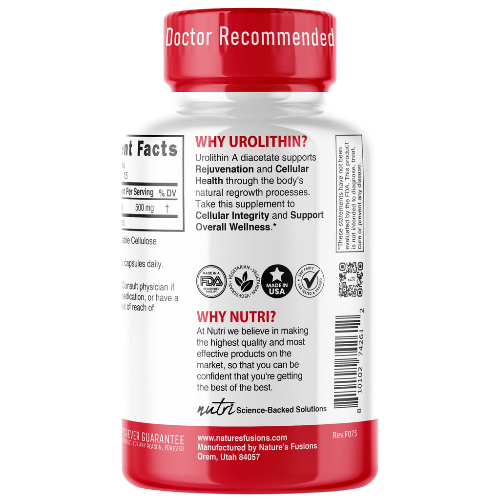 Nutri Urolithin A Supplement 500mg - Powerful Antioxidant, Health & Wellness Booster - 3rd Party Tested - 500 mg Urolithin A Diacetate - 30 Vegan Capsules 2 Week+ Supply - NSF cGMP Certified Facility