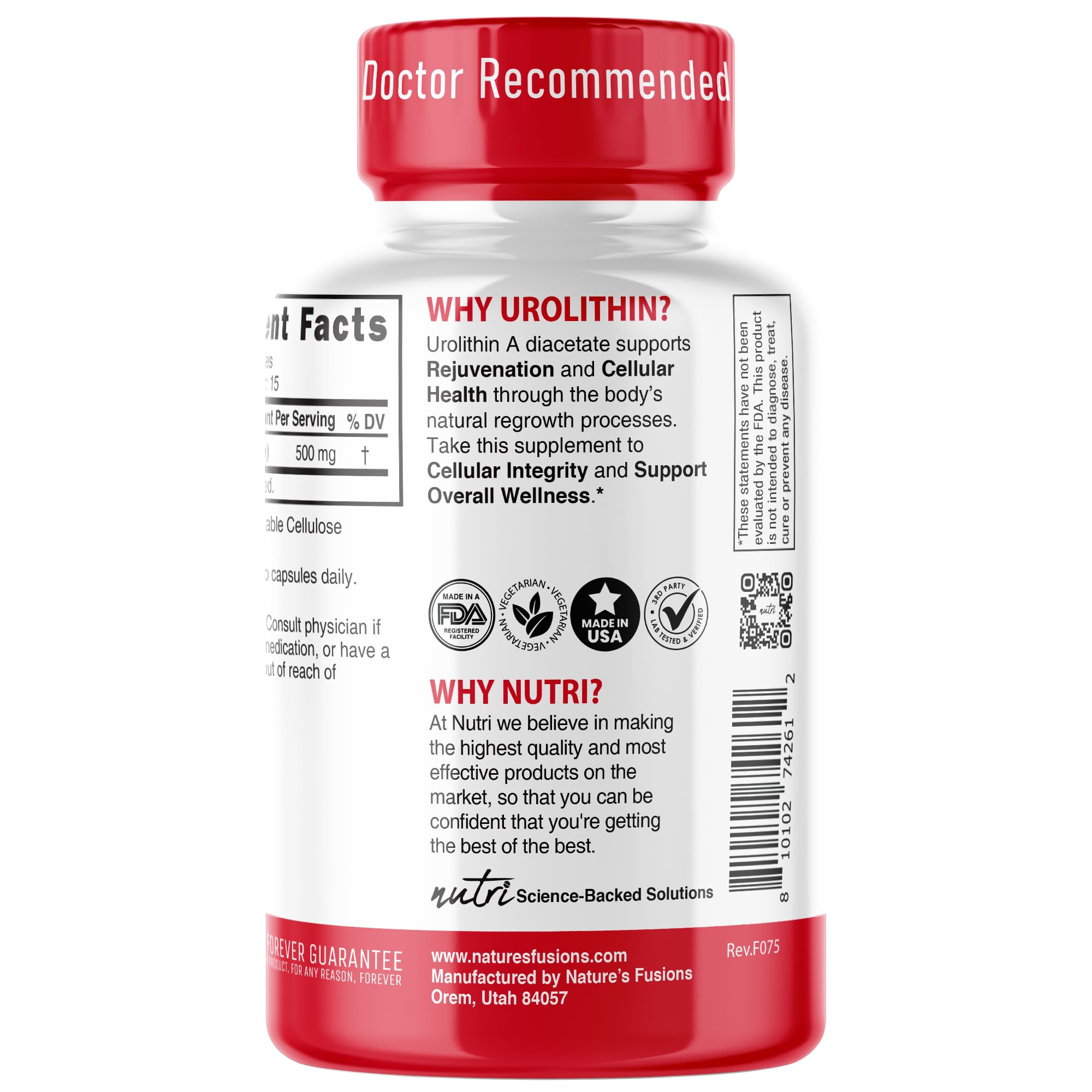 Nutri Urolithin A Supplement 500mg - Powerful Antioxidant, Health & Wellness Booster - 3rd Party Tested - 500 mg Urolithin A Diacetate - 30 Vegan Capsules 2 Week+ Supply - NSF cGMP Certified Facility