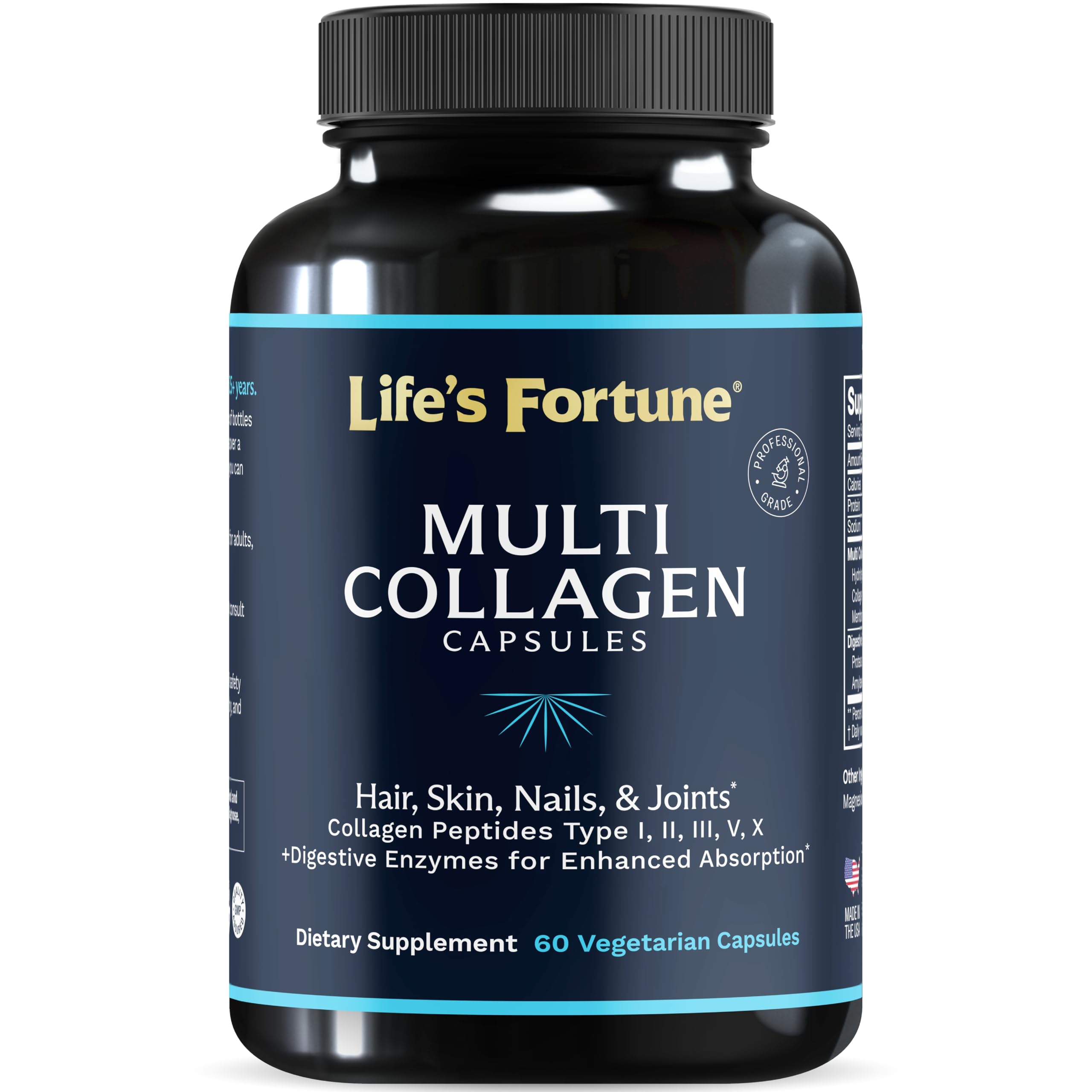 Multi Collagen Peptides Powder Drink Plus, for Women & Men - Type I, II, III, V, X, Blend with Digestive Enzyme – for Skin, Hair, Nails, Joints Health, Unflavored, 60 Cap