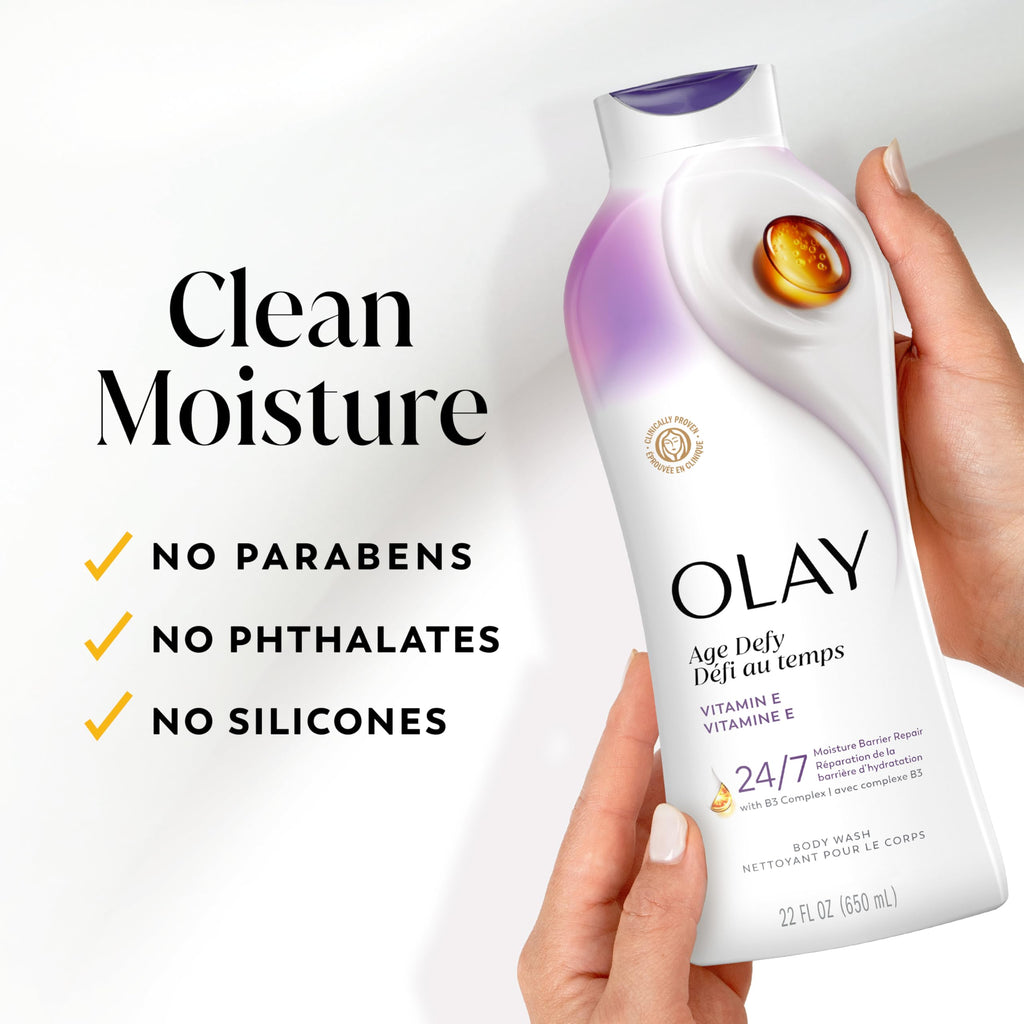 Olay Body Wash for Women, Age Defying with Vitamin E, 24hr Moisturizing, Hydrating & Refreshing, B3 Vitamin Complex, Free of Parabens & Phthalates, for All Skin Types, Scented, 22 fl oz (Pack of 4)