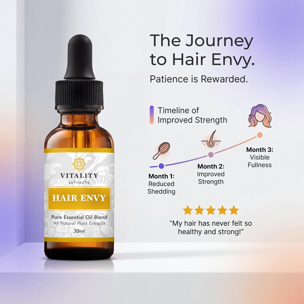 Vitality Extracts Hair Envy - Natural Hair Growth Serum - 100% Pure Essential Oils, 15 Plant Extracts, No Synthetics, No Parabens - Strengthen Hair, Minimize Breakage, Stimulate Follicles