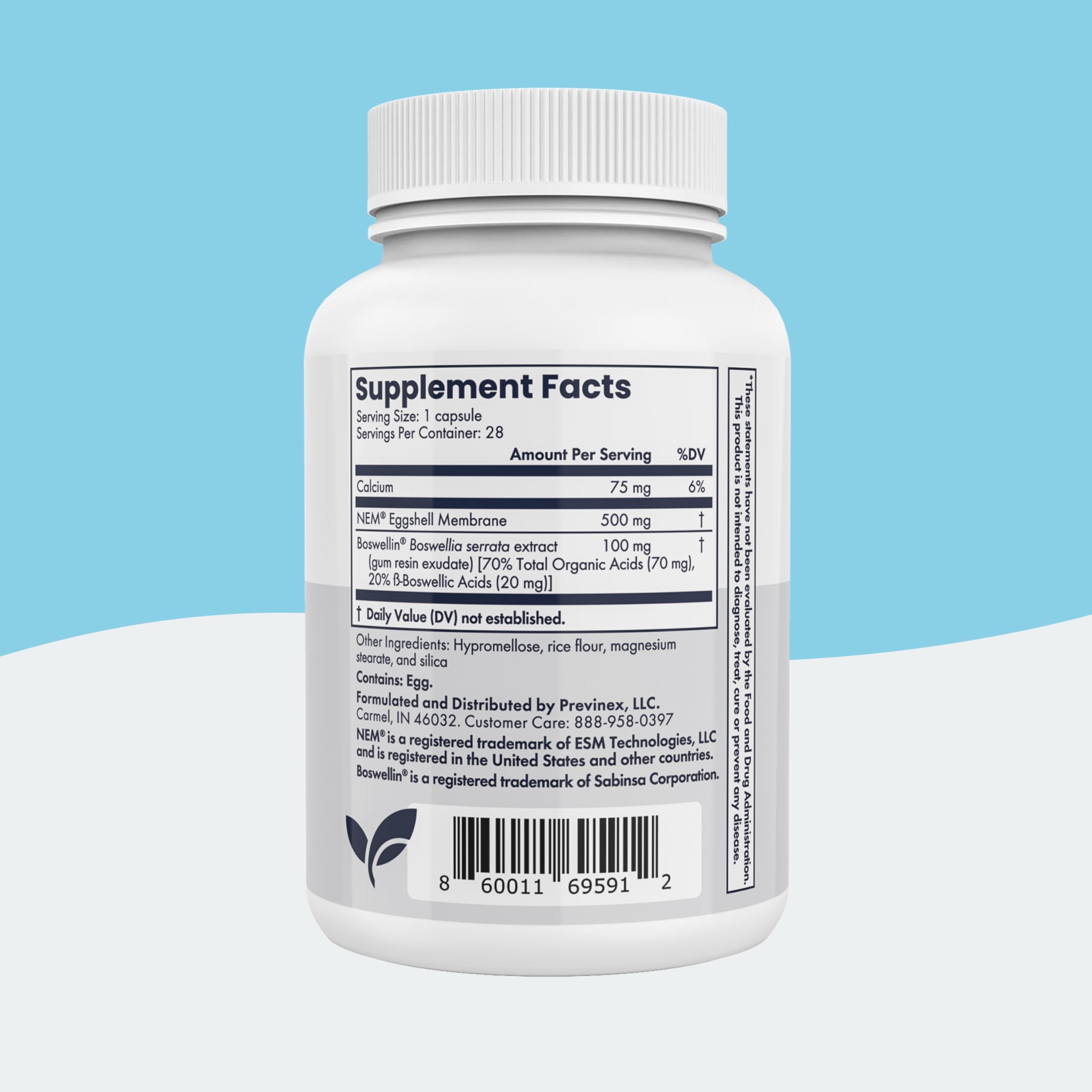 Previnex Joint Support Supplement with Natural Eggshell Membrane, Glucosamine Chondroitin, Collagen, Hyaluronic Acid, and Boswellia for Joint Health, Flexibility, and Mobility - 4-Week Supply