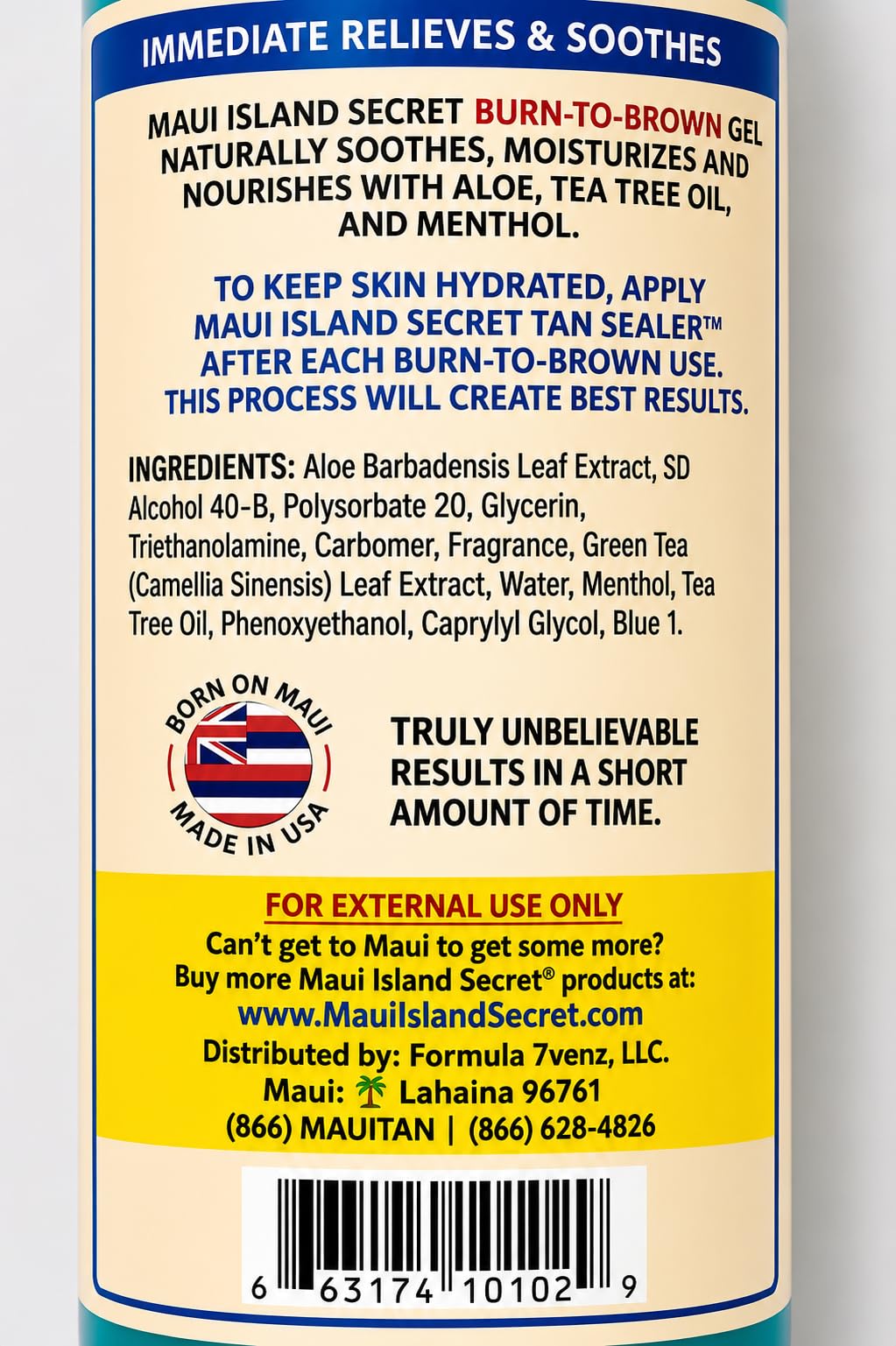 Maui Island Secret Burn to Brown Formula, Aloe Sunburn Relief Gel Soothing & Hydrating - Instant Cooling with Menthol & Tea Tree Oil 8 Oz. 4 pack