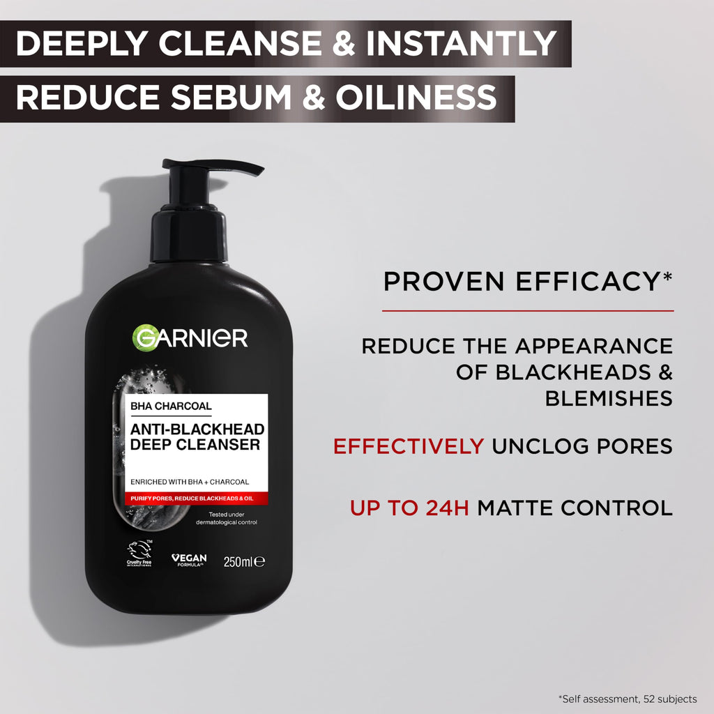 Garnier Pure Active BHA + Charcoal Anti-Blackhead Deep Face Cleanser, 250ml