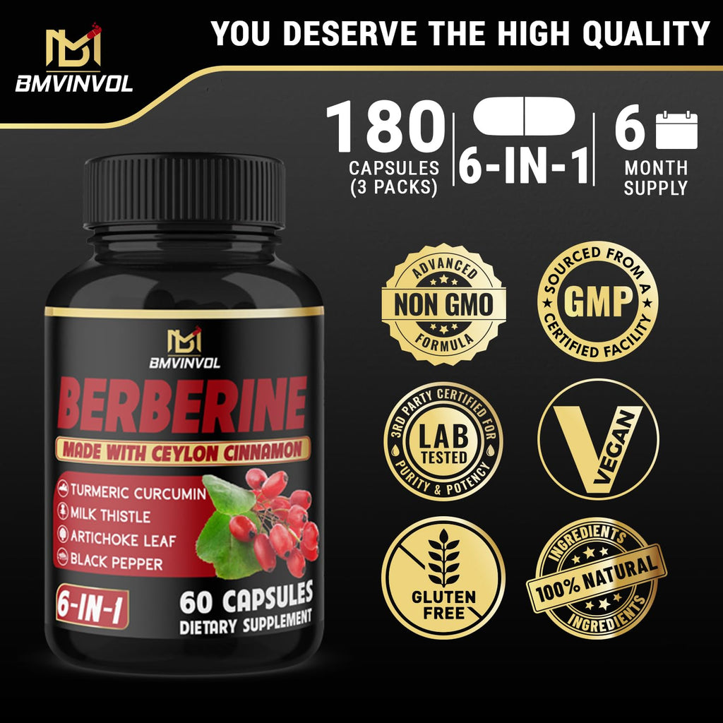 (3 Packs) Berberine Supplement Plus Ceylon Cinnamon, Milk Thistle, Turmeric, Artichoke Leaf, Black Peppe - 6 Month Supply - 180 Capsules Total