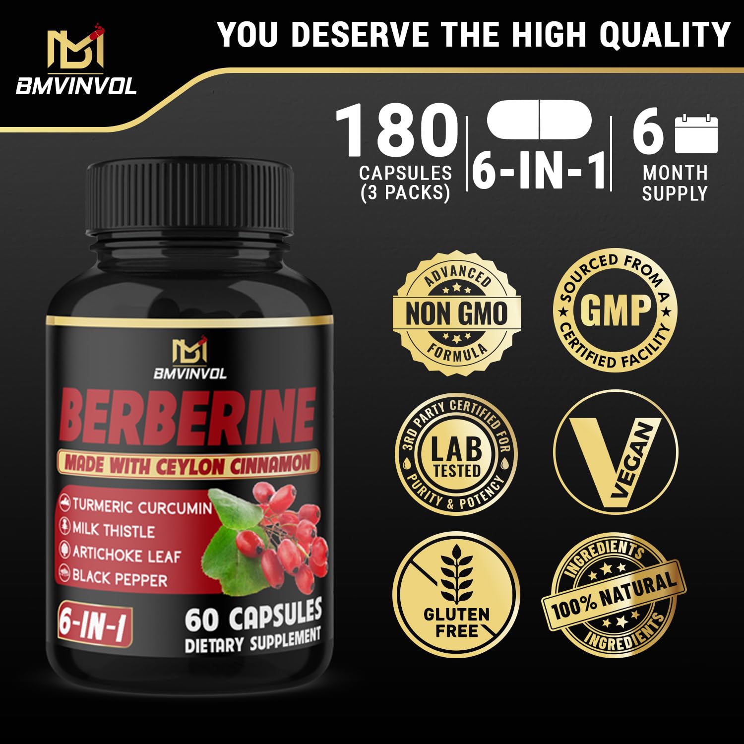 (3 Packs) Berberine Supplement Plus Ceylon Cinnamon, Milk Thistle, Turmeric, Artichoke Leaf, Black Peppe - 6 Month Supply - 180 Capsules Total