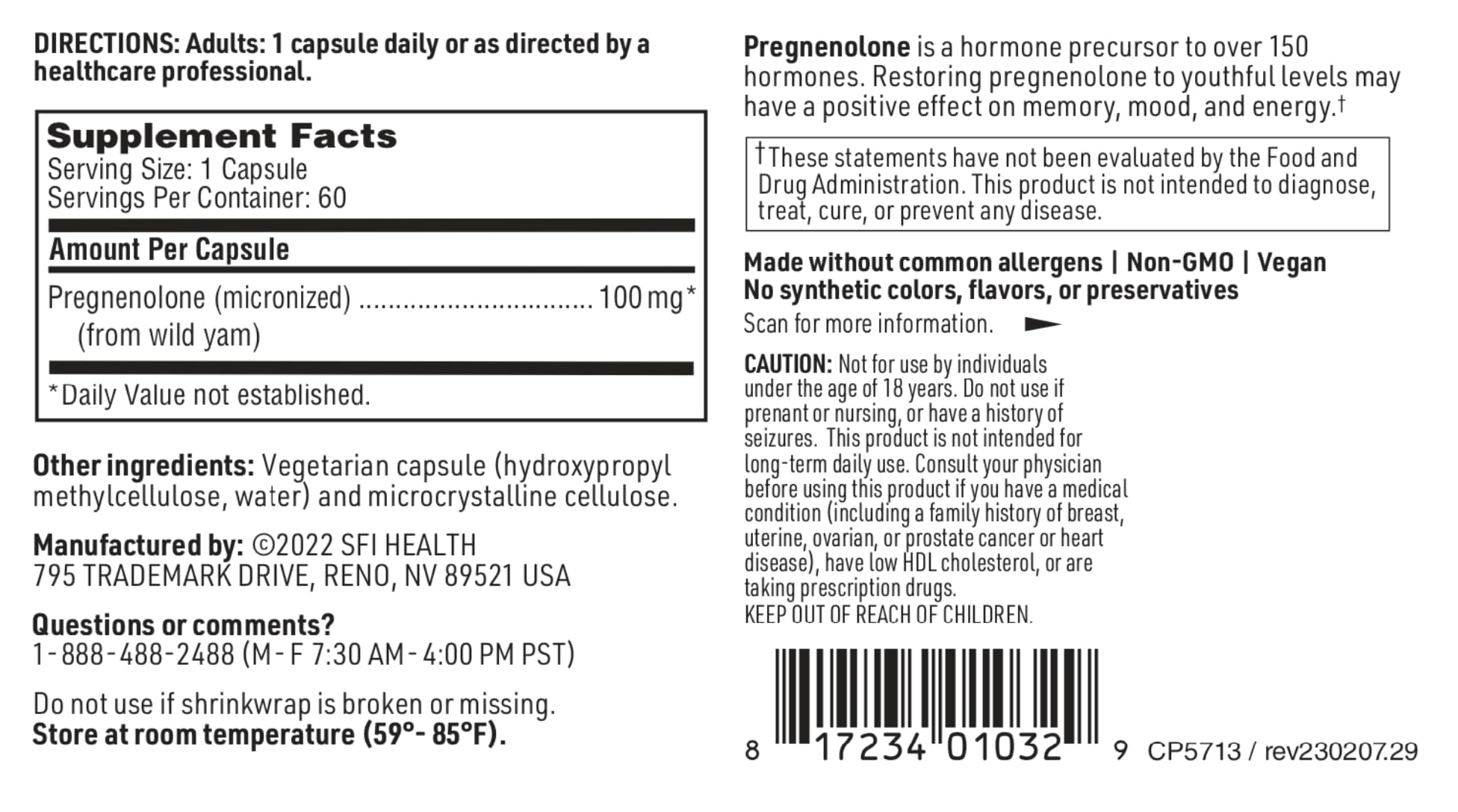 Klaire Labs SFI Health Pregnenolone - May Support Memory, Mood & Energy for Adults - 100mg Derived from Wild Yam - Bioavailable & Micronized for Enhanced Absorption - Hypoallergenic (60 Capsules)